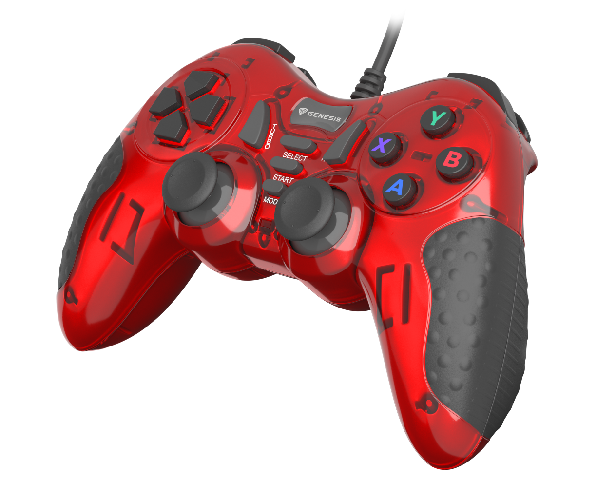 Czerwony, przezroczysty kontroler do gier z czarnymi przyciskami i joystickami.