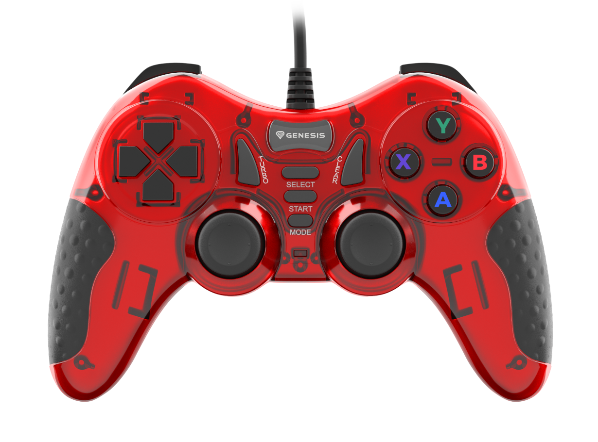 Czerwony, przezroczysty kontroler z czarnymi przyciskami i analogami.