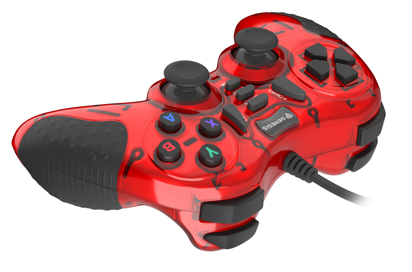 Przezroczysty czerwony kontroler do gier z czarnymi uchwytami i przyciskami.