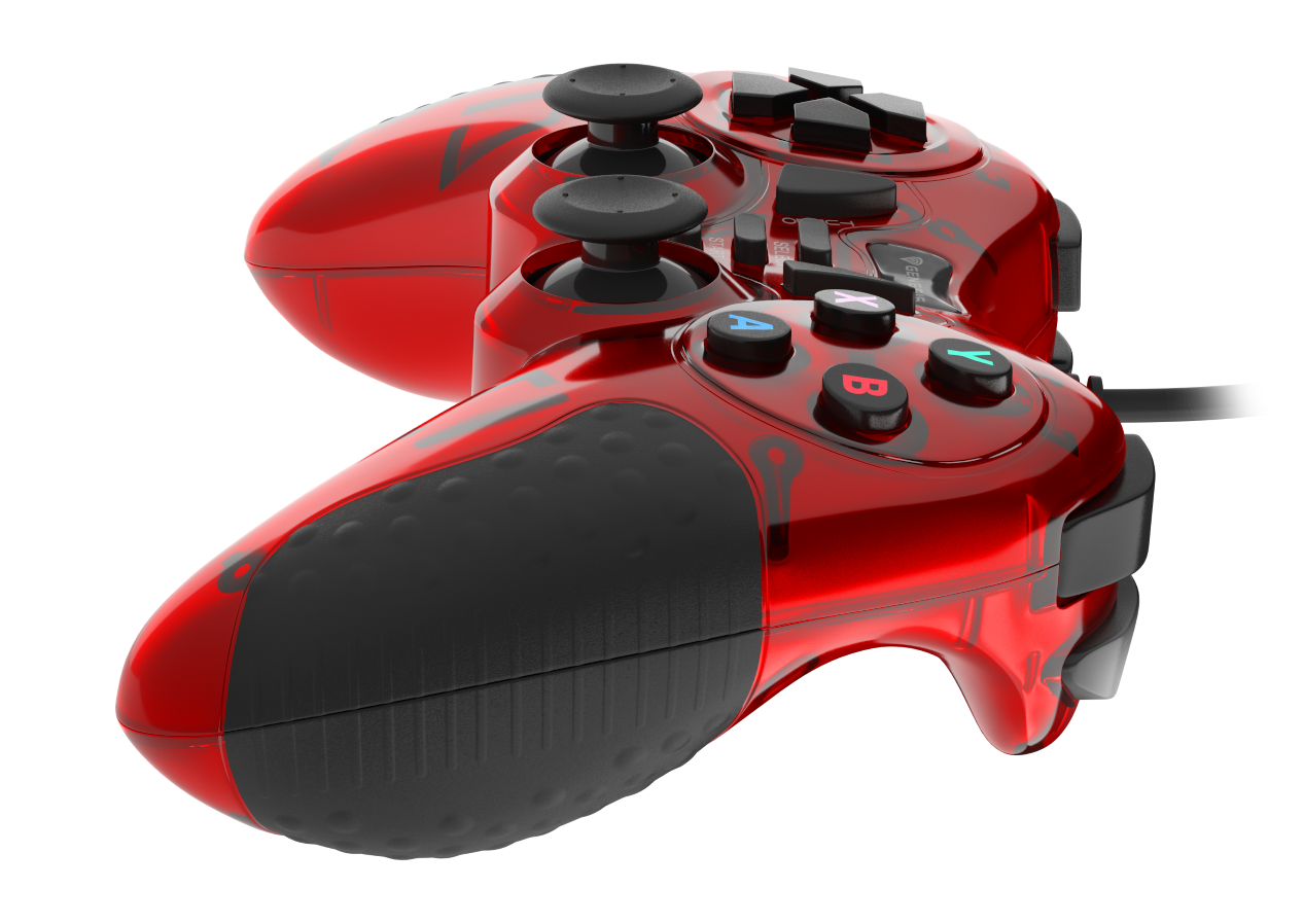 Przezroczysty czerwony kontroler z czarnymi uchwytami i przyciskami.