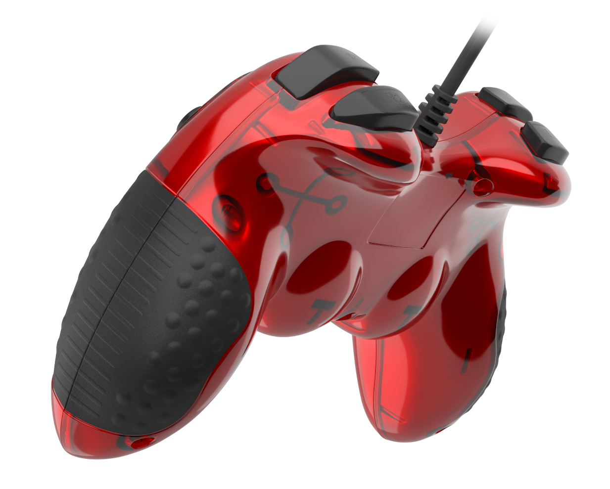 Przezroczysty czerwony kontroler z czarnymi uchwytami i przyciskami na czarnym tle.