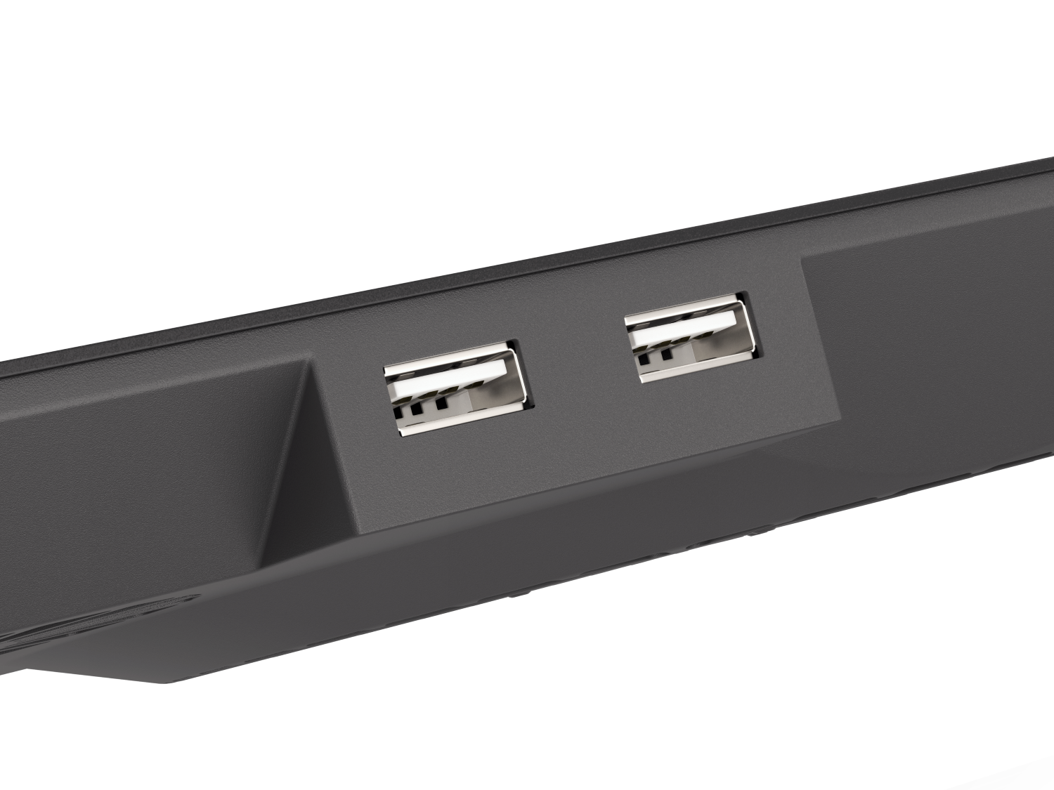 Zbliżenie dwóch portów USB na czarnym urządzeniu.