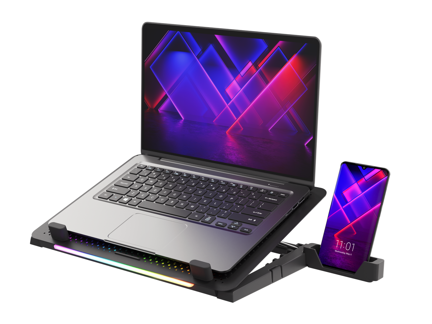 Laptop i smartfon spoczywają na podstawce chłodzącej z podświetleniem RGB.