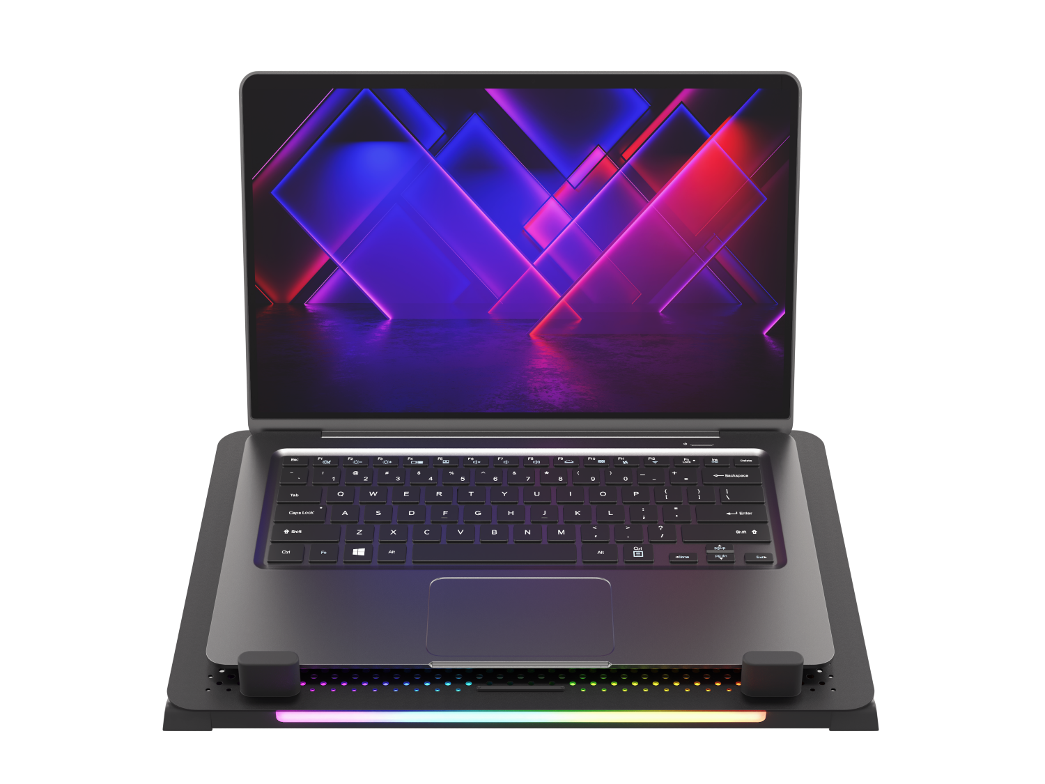 Otwarty laptop na podświetlanej podstawce, z abstrakcyjną grafiką na ekranie.