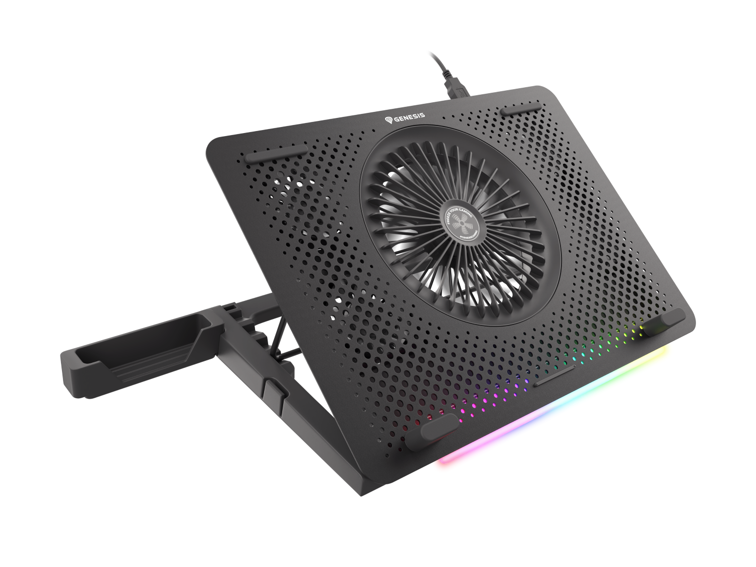 Czarna podkładka chłodząca do laptopa z wentylatorem i oświetleniem RGB na czarnym tle.