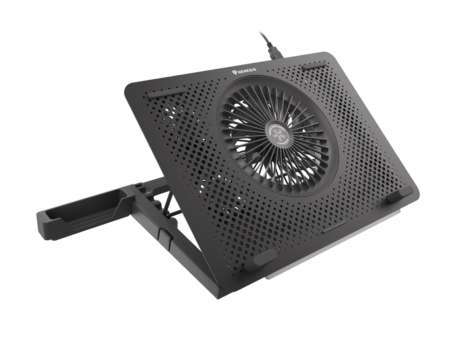 Czarny stojak pod laptopa z wentylatorem i kablem USB, na czarnym tle.
