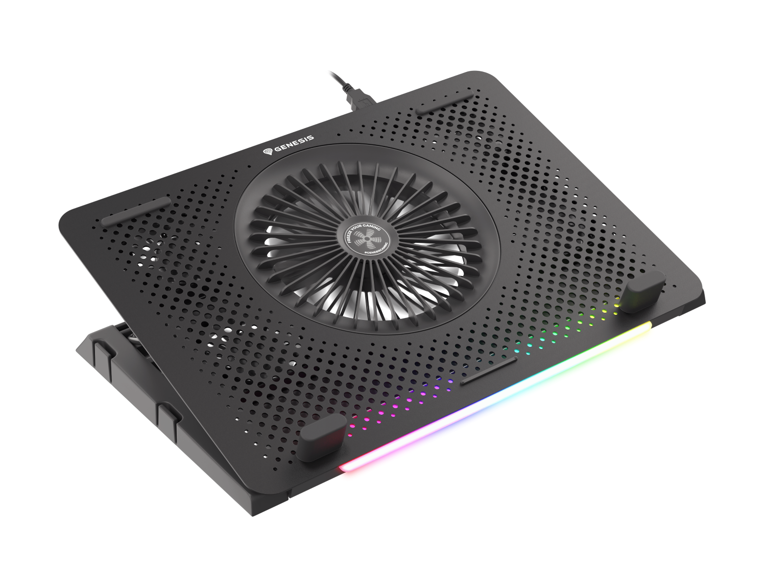 Czarna podkładka chłodząca do laptopa z wentylatorem i oświetleniem RGB.