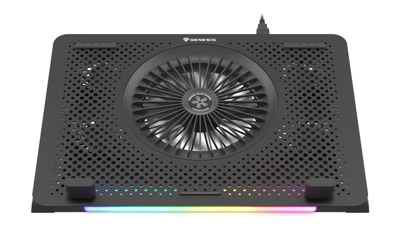 Czarna podkładka chłodząca do laptopa z wentylatorem i oświetleniem RGB.