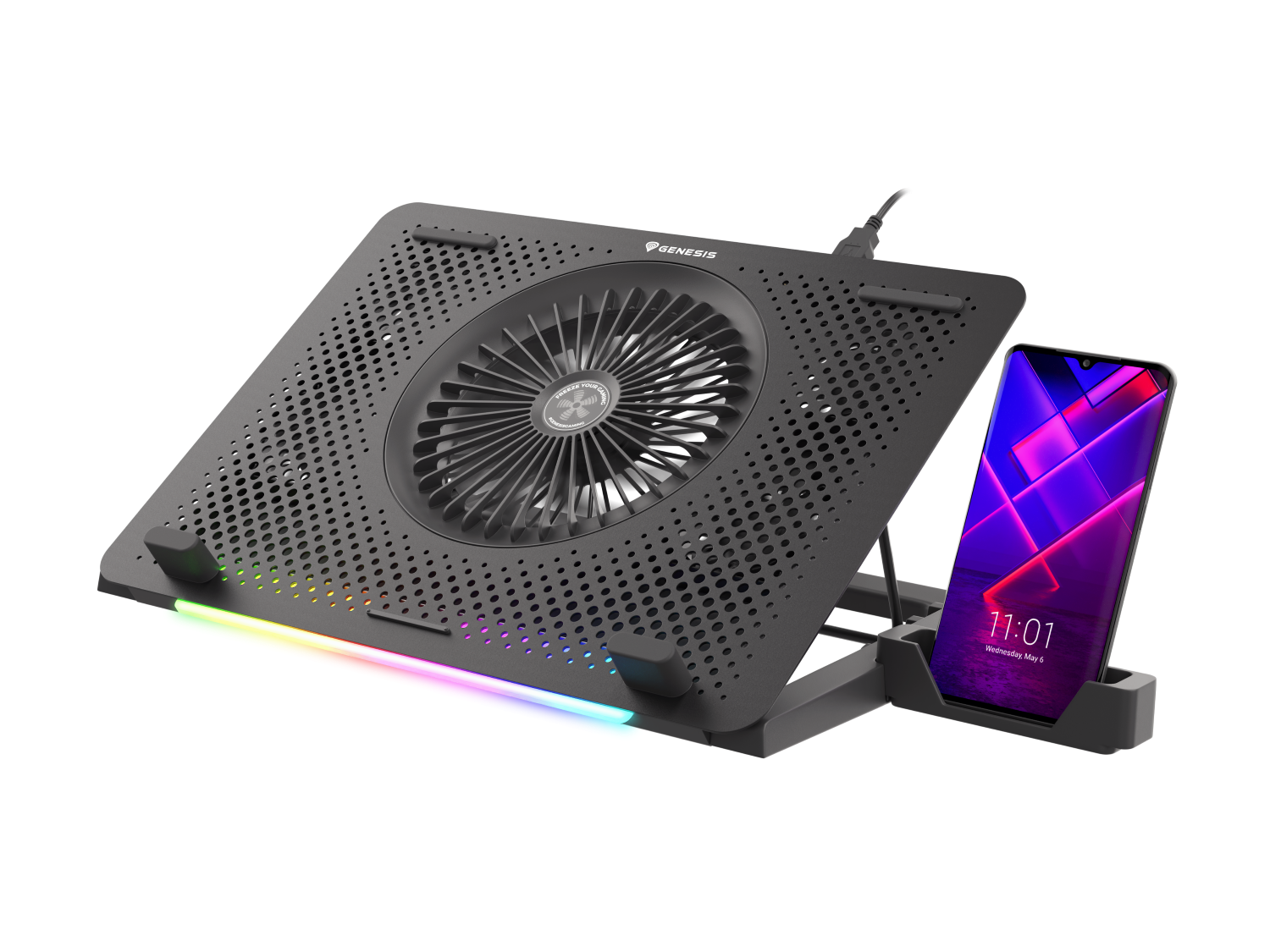 Czarny stojak pod laptop z wentylatorem i oświetleniem RGB, obok smartfona.