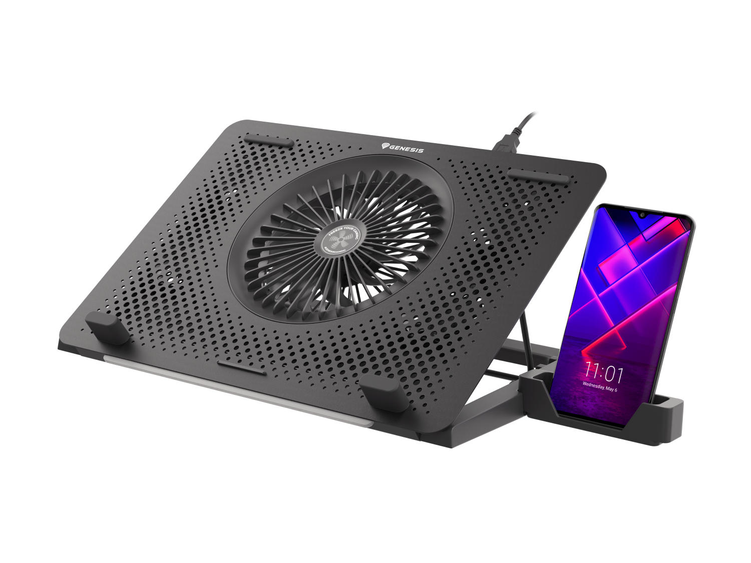 Czarna podkładka chłodząca do laptopa ze stojakiem na smartfon trzymającym smartfon.