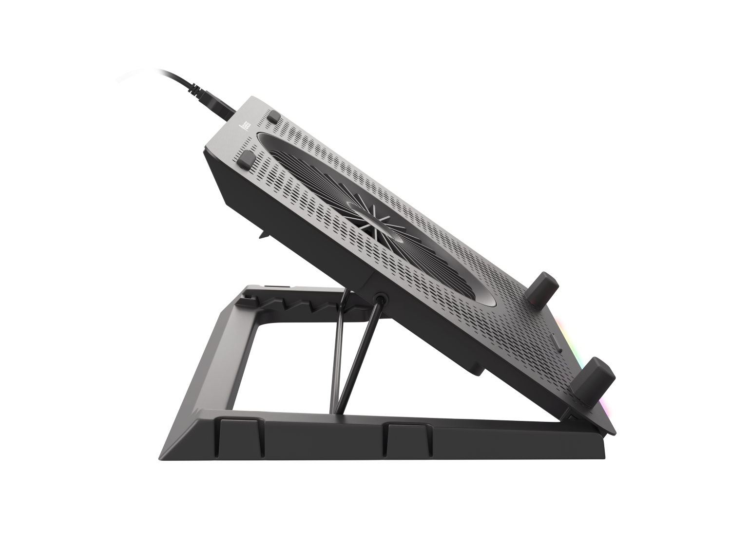 Szara podstawka pod laptop z wentylatorem i podświetleniem RGB, na czarnym tle.