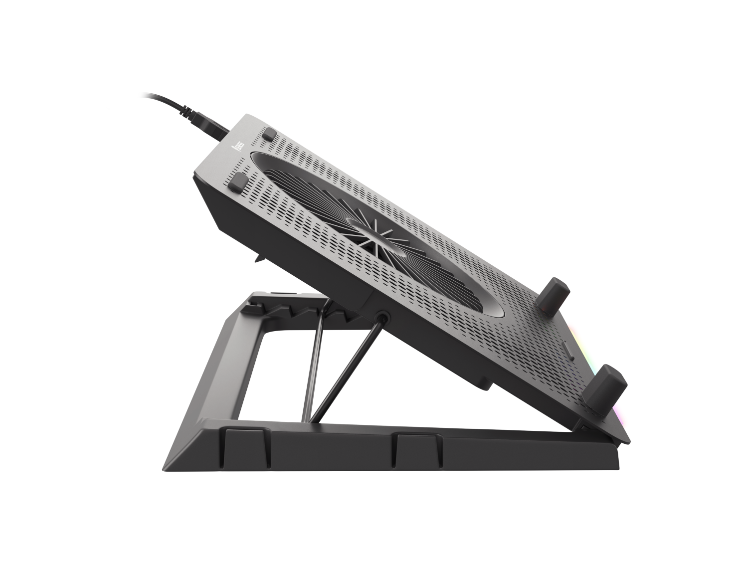 Szara podstawka pod laptop z wentylatorem i oświetleniem RGB na czarnym tle.