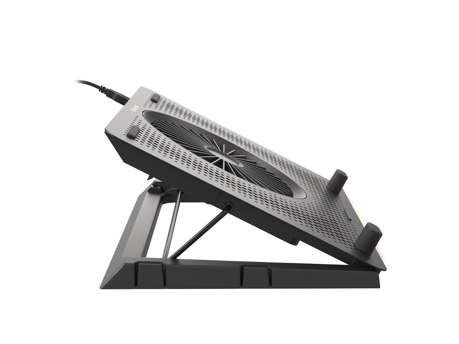 Szara podstawka chłodząca do laptopa z wentylatorem i oświetleniem RGB na czarnym tle.