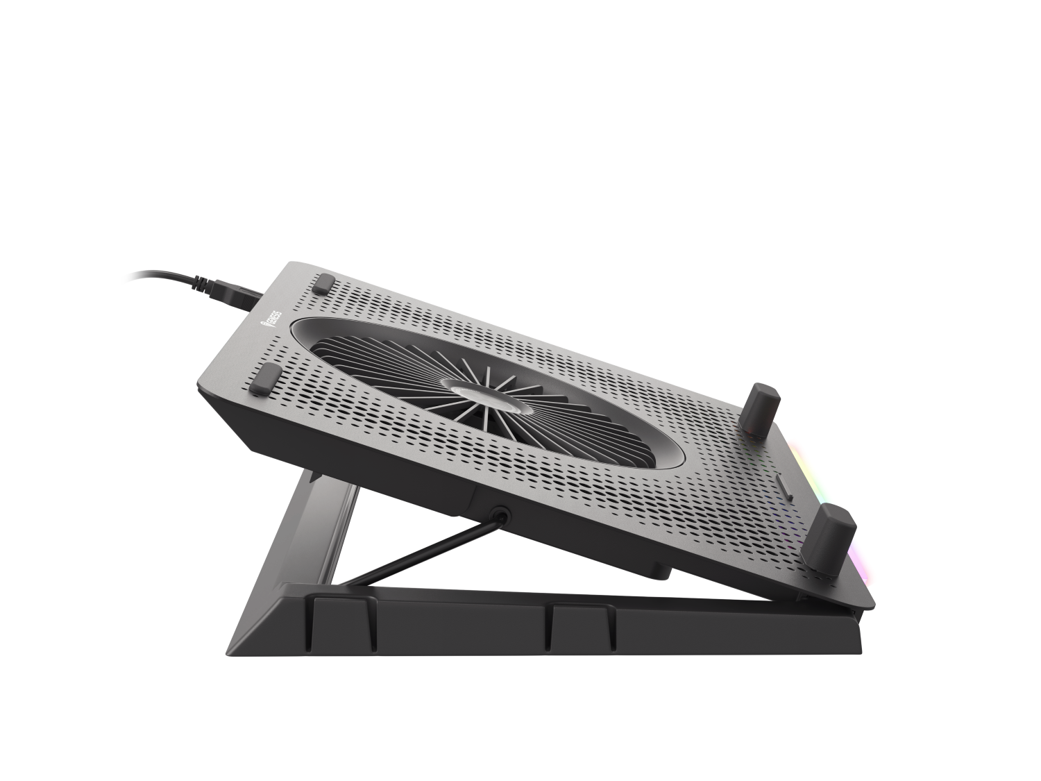 Szary stojak na laptopa z wentylatorem i oświetleniem RGB.