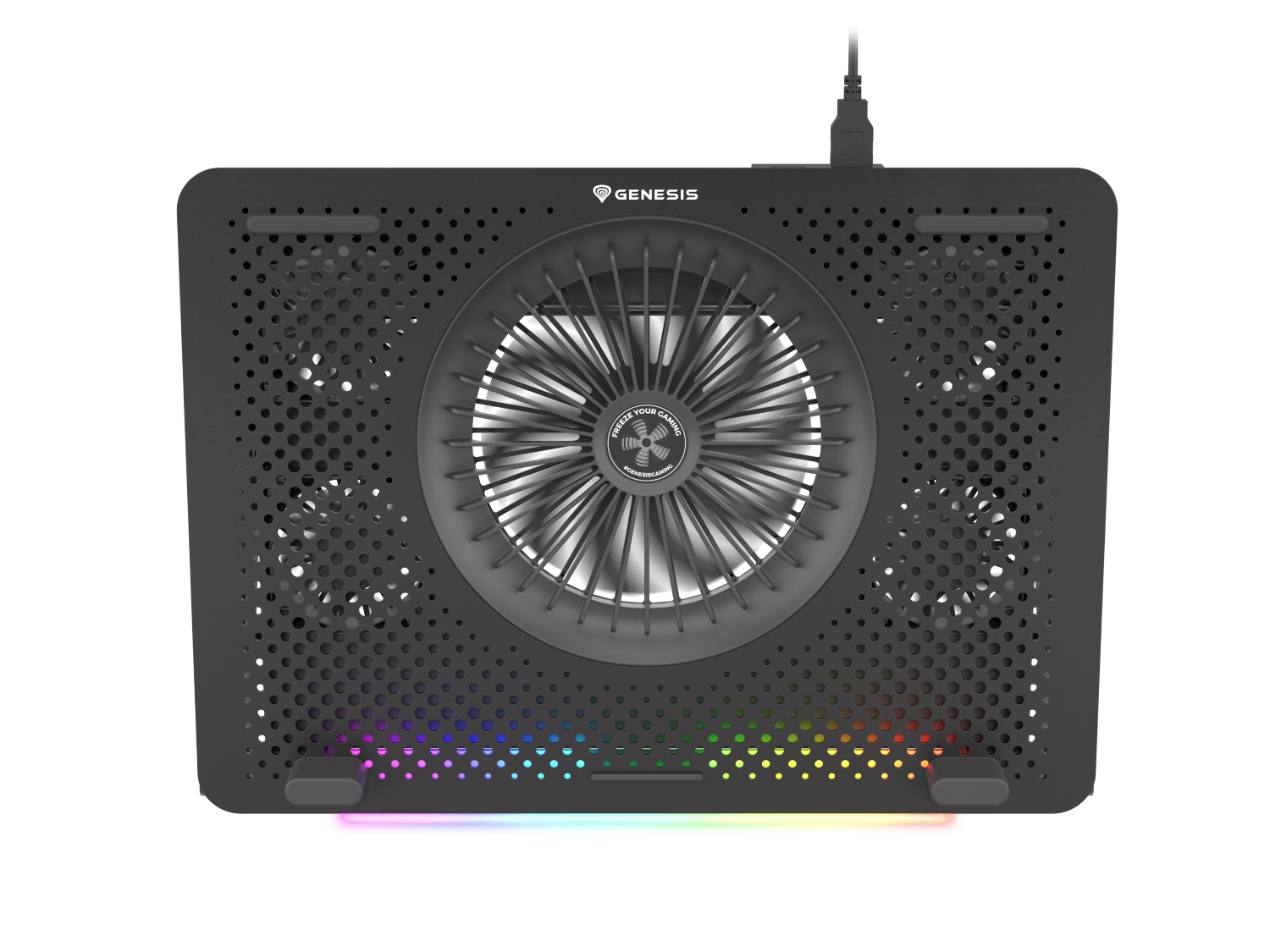 Czarny stojak pod laptopa z wentylatorem i oświetleniem RGB.