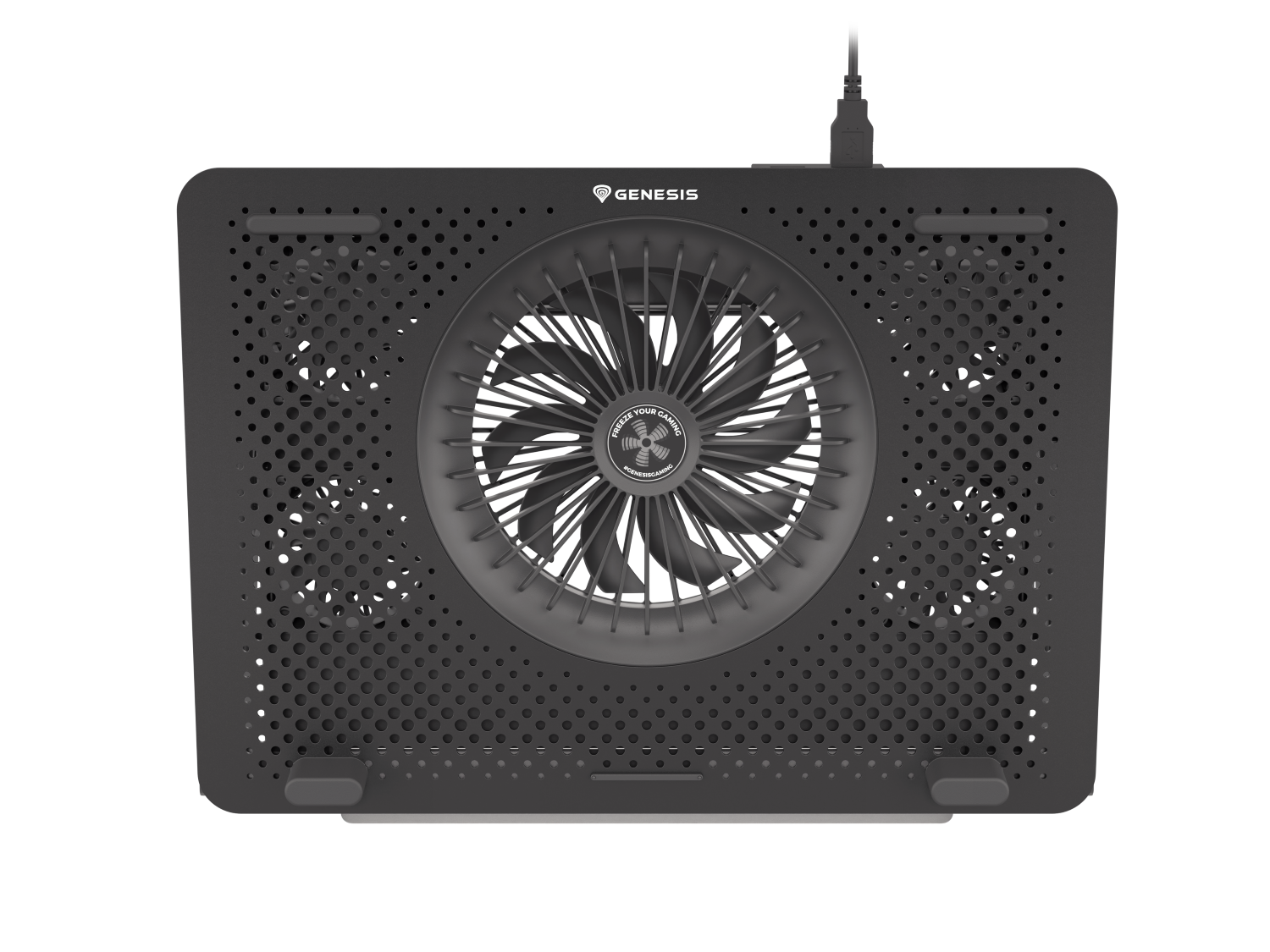 Czarna podstawka chłodząca do laptopa z dużym wentylatorem pośrodku.