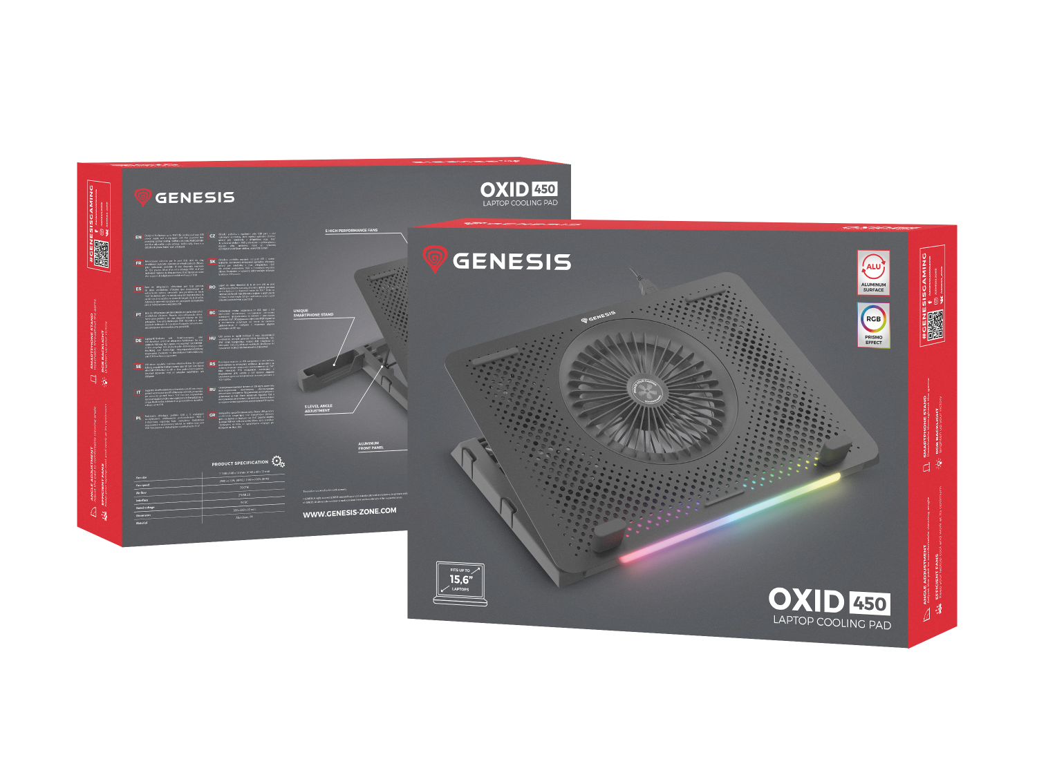 Czarna podstawka chłodząca do laptopa z wentylatorem i oświetleniem RGB.