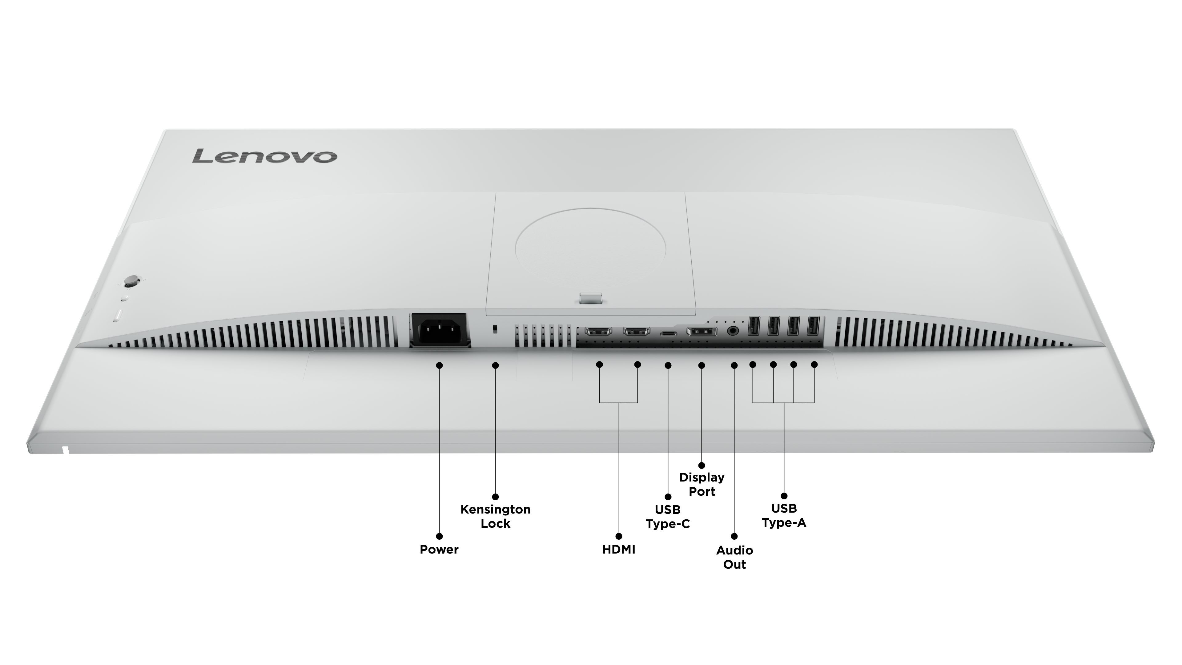 Reverso de un monitor Lenovo blanco mostrando puertos: Alimentación, Kensington Lock, HDMI, USB-C, DisplayPort, Audio, USB-A.