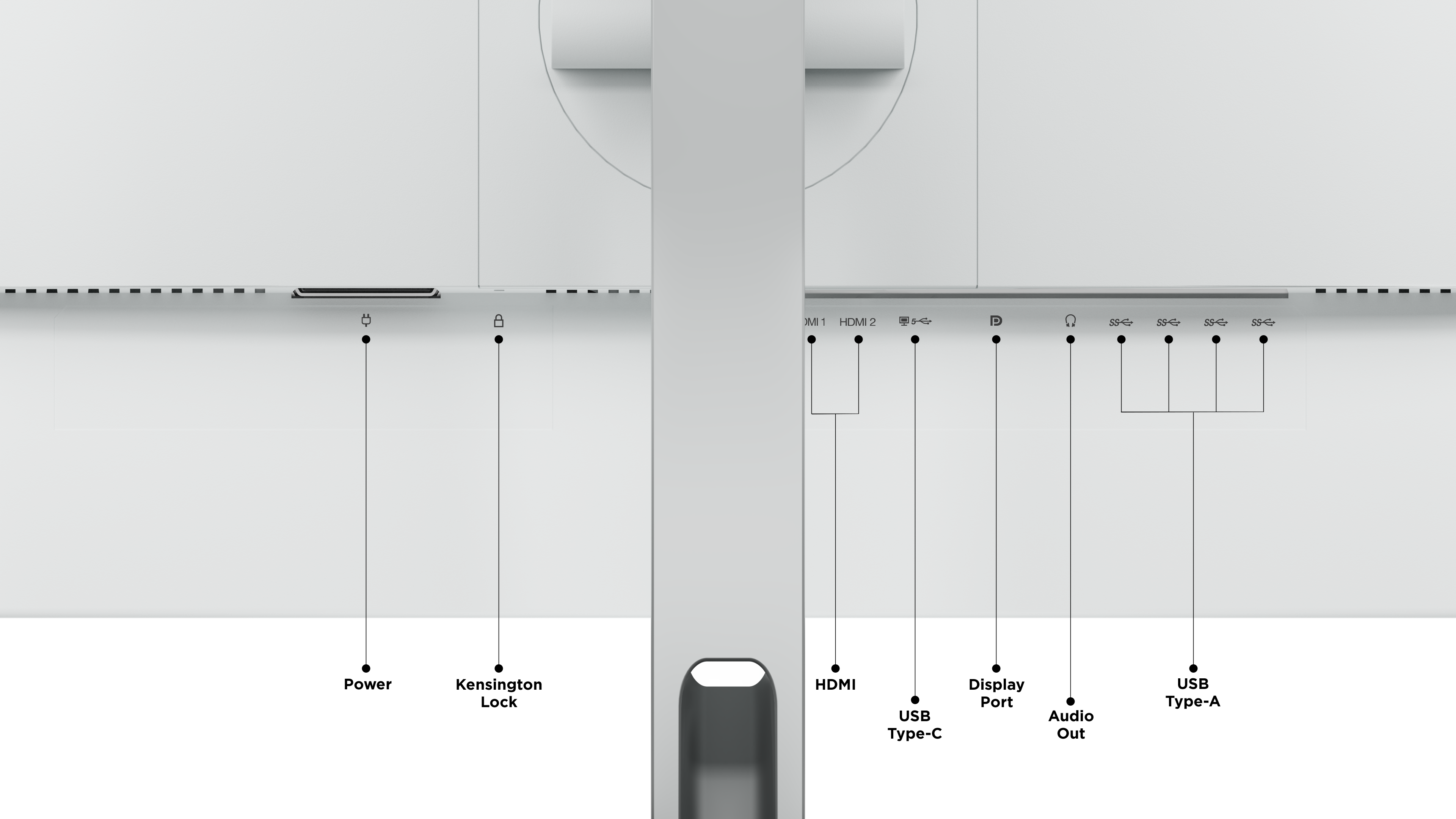 Puertos del monitor: Alimentación, bloqueo Kensington, HDMI 1, HDMI 2, USB-C, Display Port, Salida de audio, USB-A.