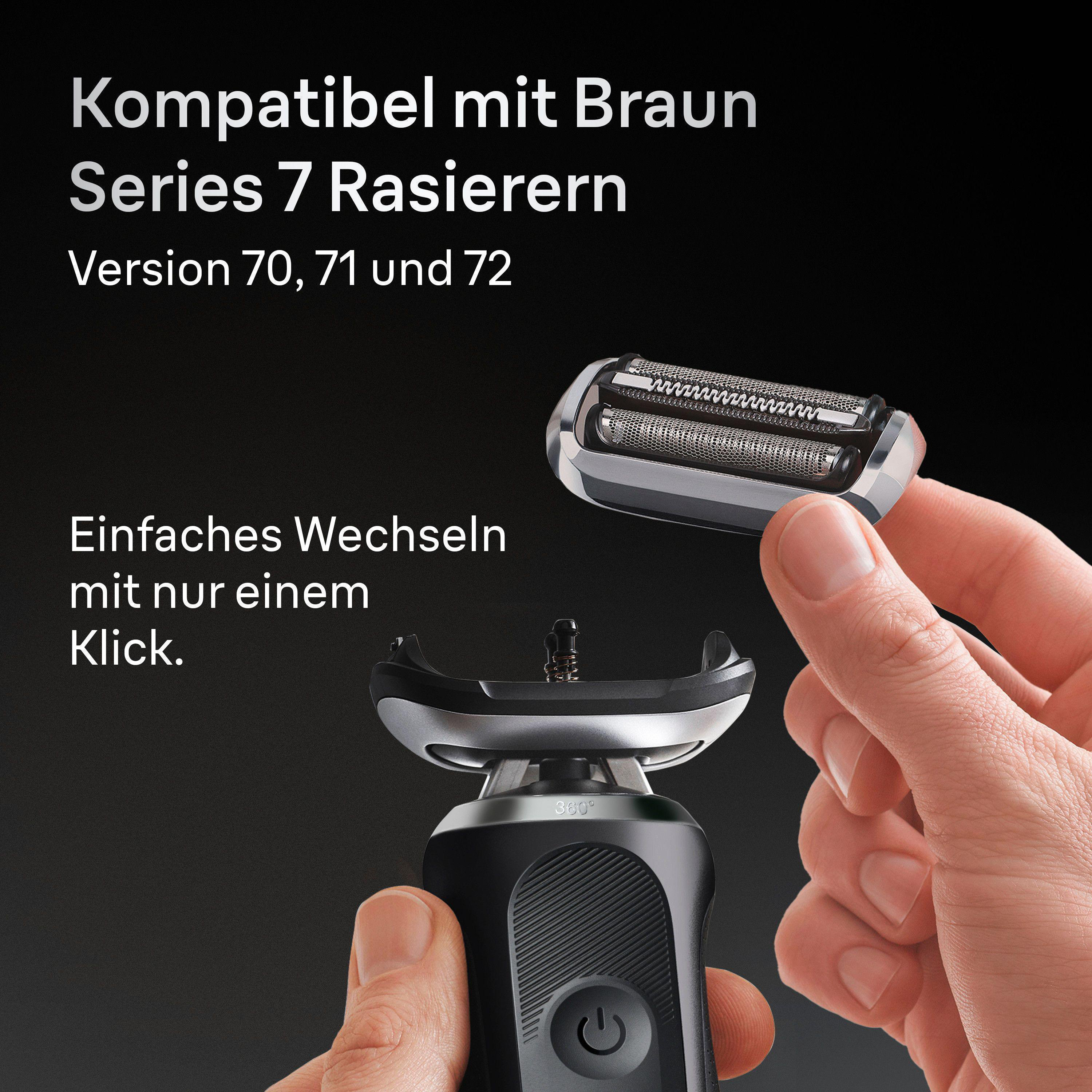 Ein Mann hält einen Braun Series 7 Rasierer mit abnehmbarem Scherkopf.