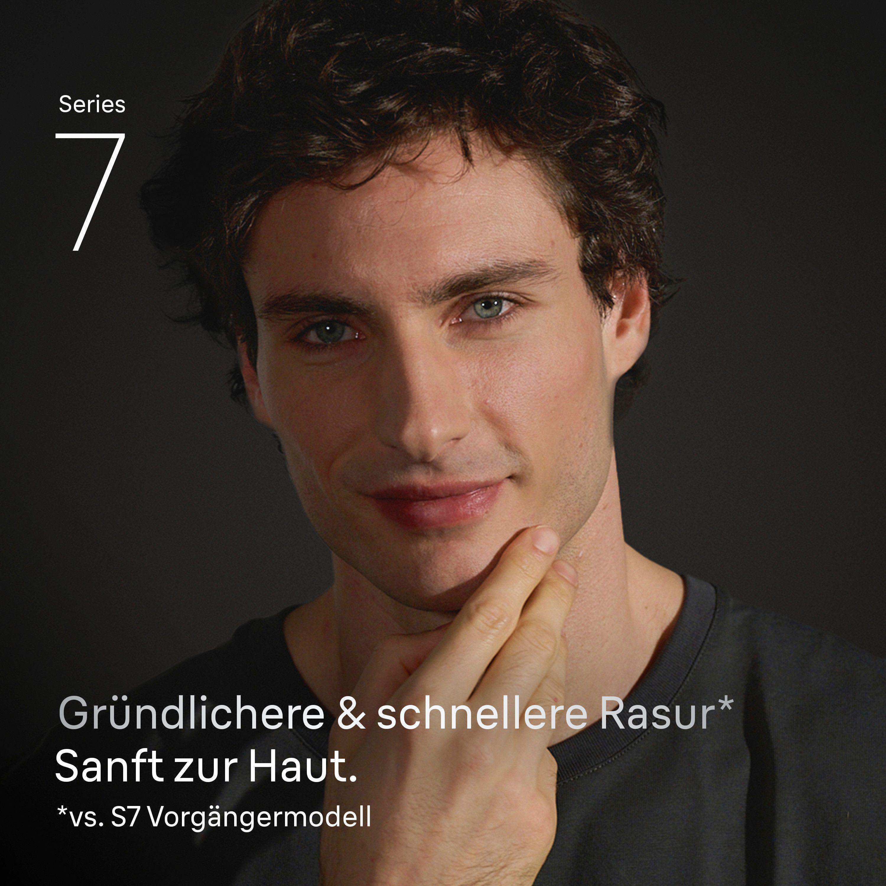 Ein Mann mit dunklem Haar und blauen Augen berührt sein Kinn. Serie 7.