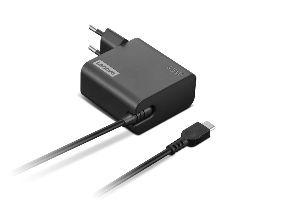 Un cargador Lenovo 65W USB-C negro con dos cables.