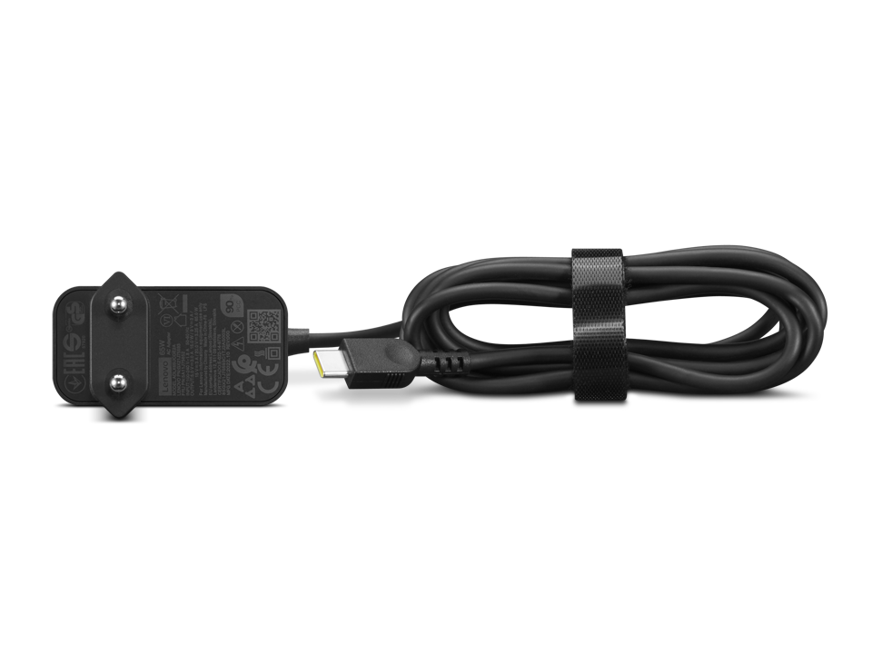 Adaptador de corriente negro con cable y enchufe USB-C.