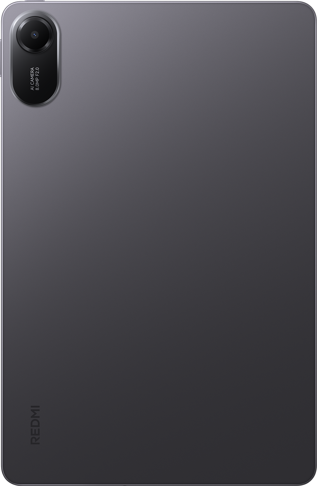 Szürke tablet hátoldala egyetlen kamerával és Redmi logóval.