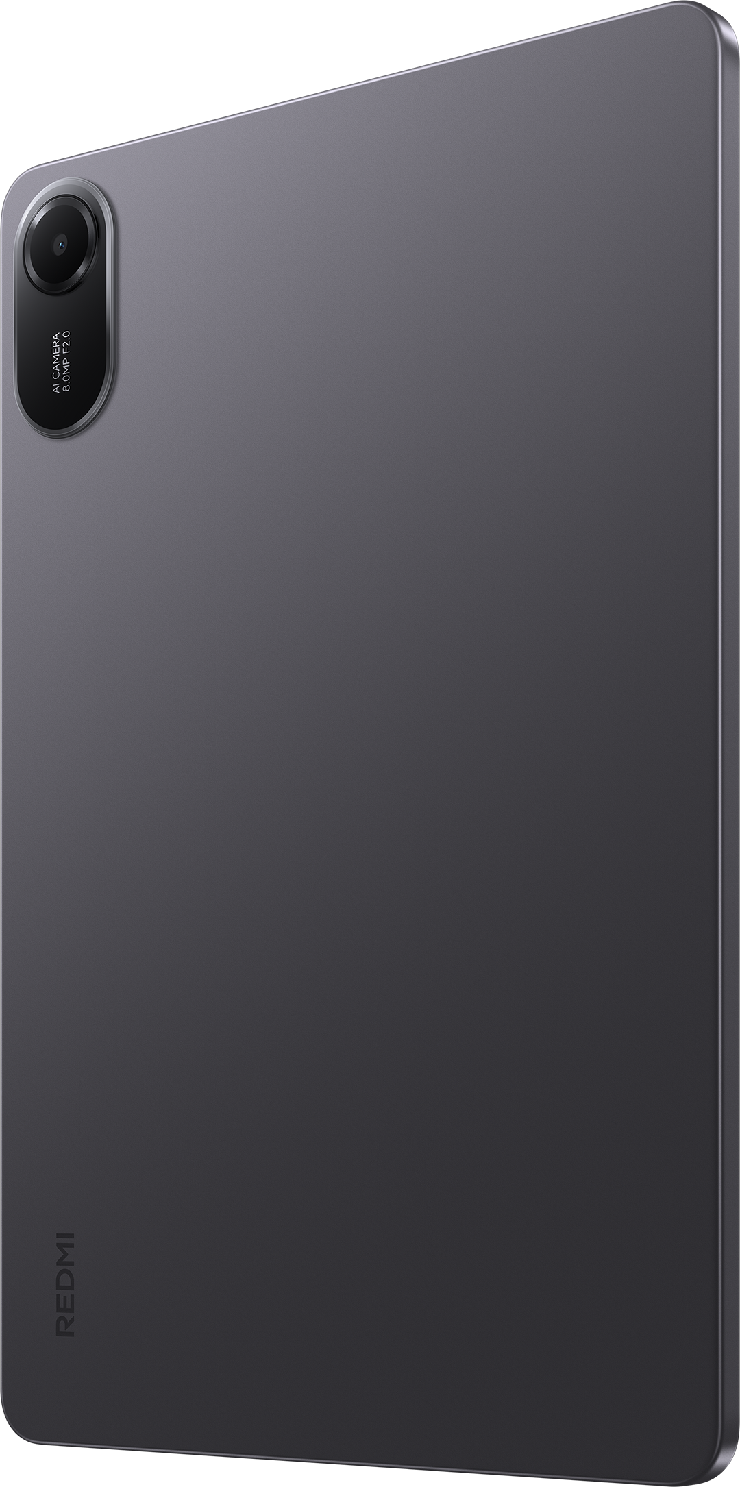 Szürke tablet hátoldala, ovális kameramodullal és Redmi logóval.