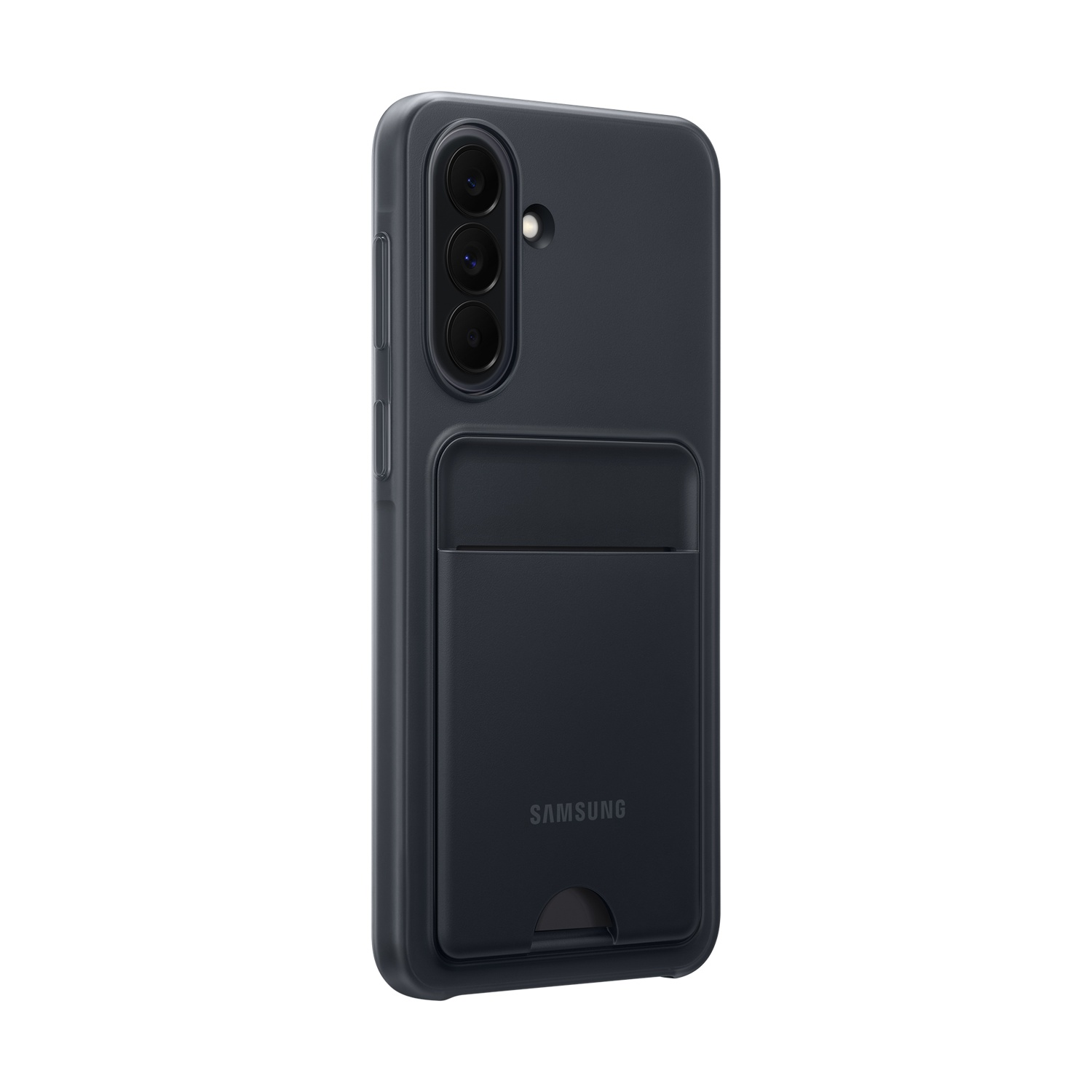 Custodia blu scuro per telefono con slot per carte e fotocamere.