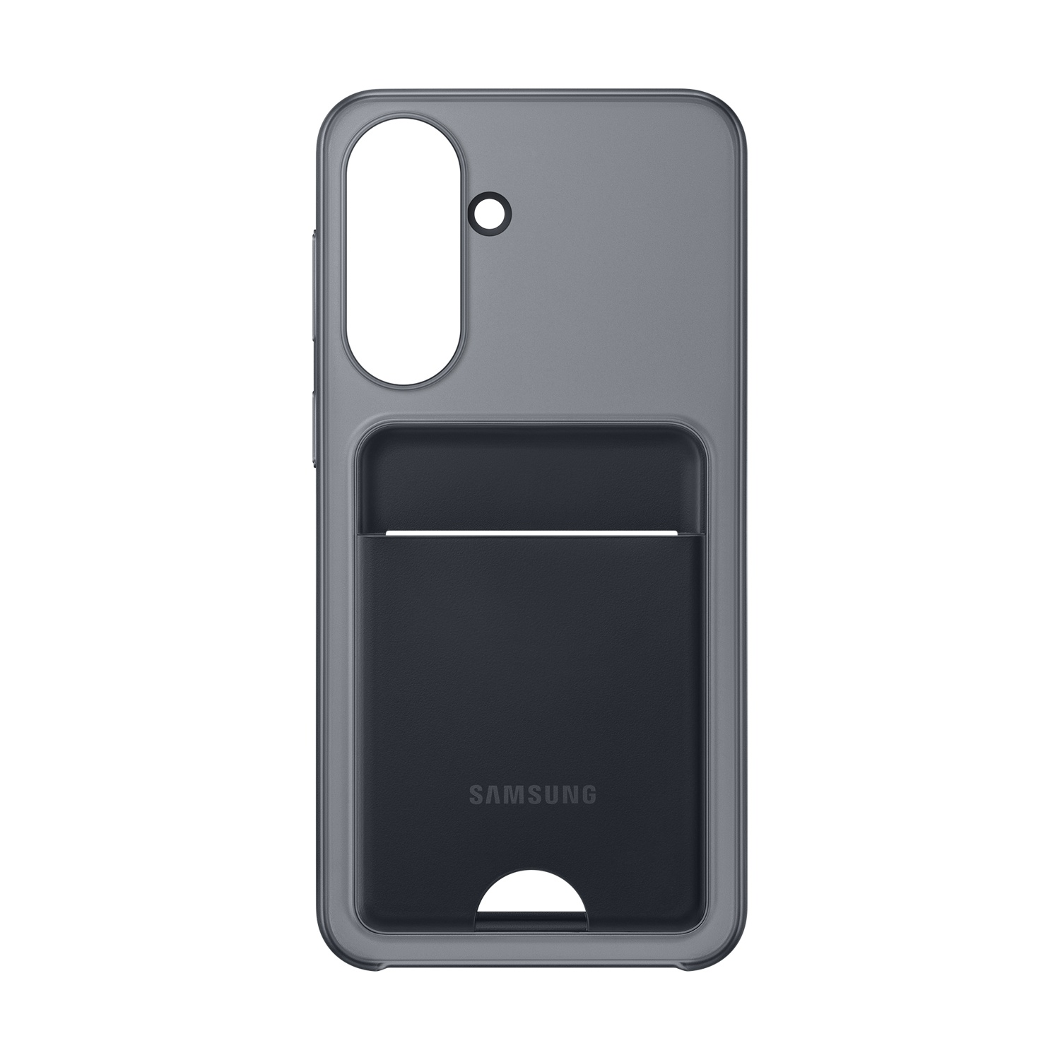 Custodia grigia per telefono con slot per carte e logo Samsung.