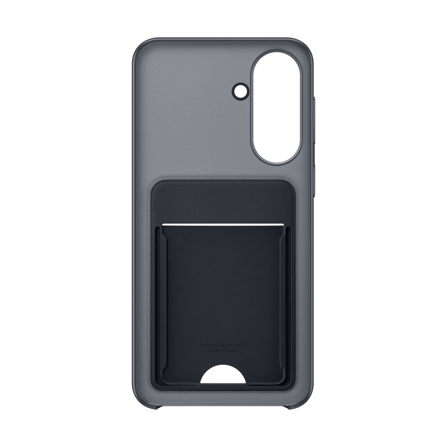 Custodia grigia per telefono con slot per carte scuro e ritaglio fotocamera.