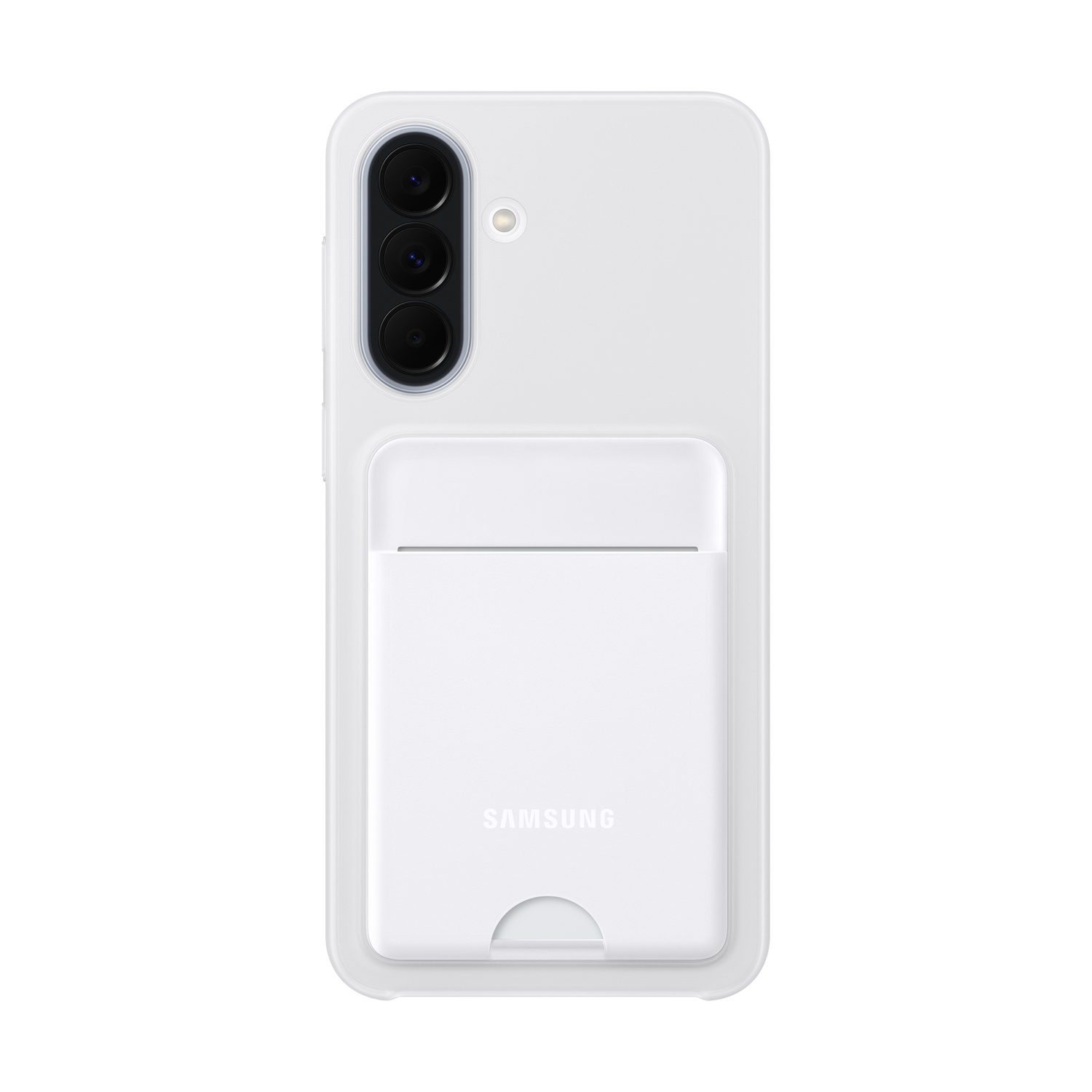 Custodia bianca per telefono con tre lenti e tasca per carte.