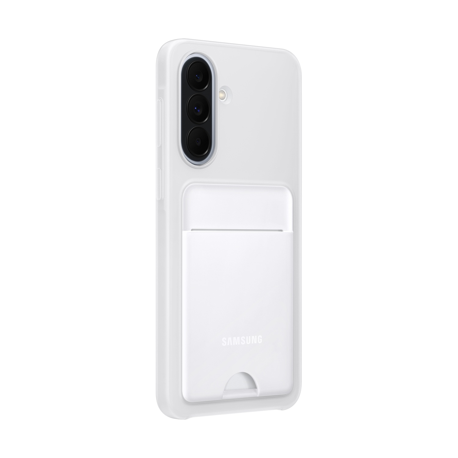 Custodia bianca per telefono con slot per carte e tripla fotocamera.