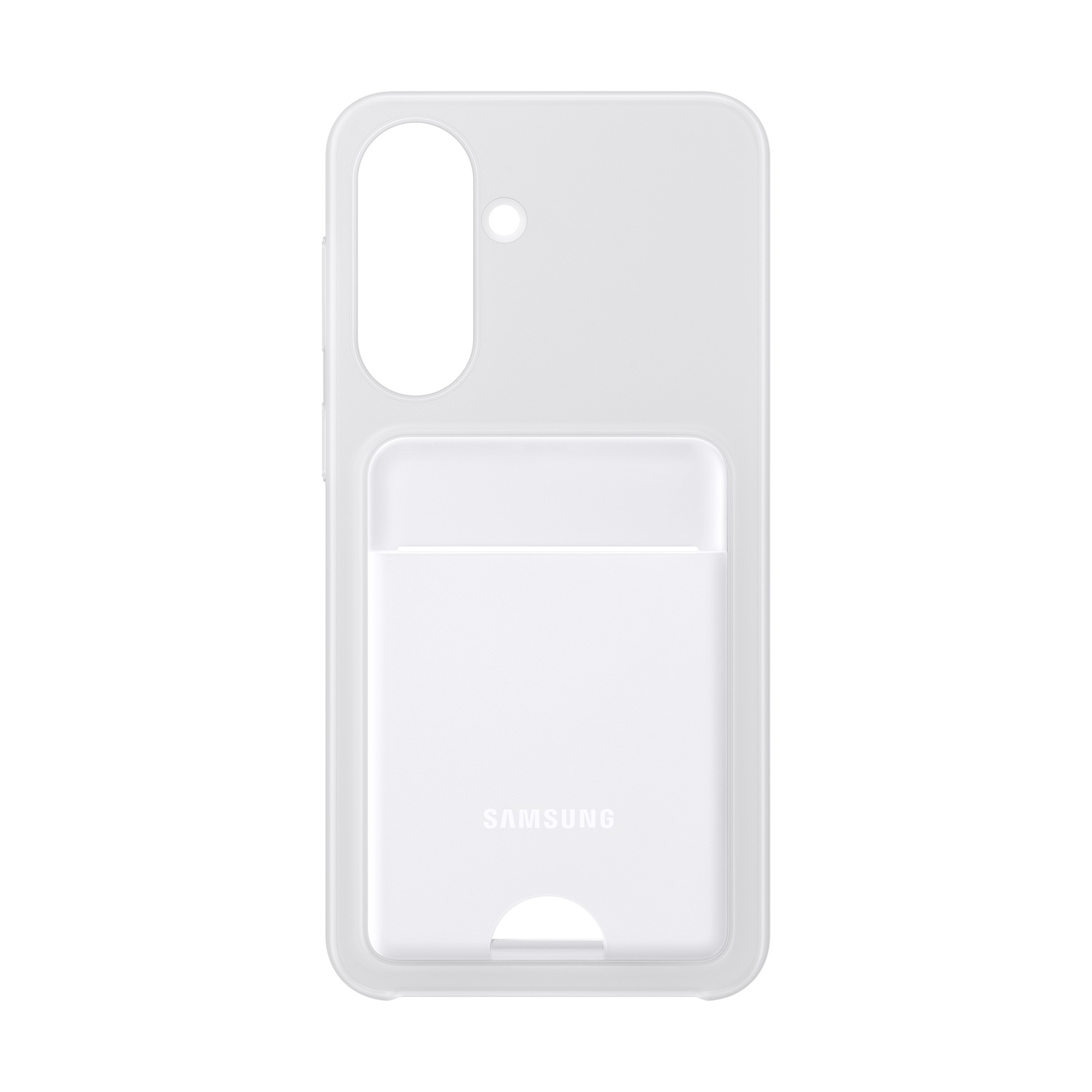 Custodia bianca Samsung con slot per carte e foro fotocamera.