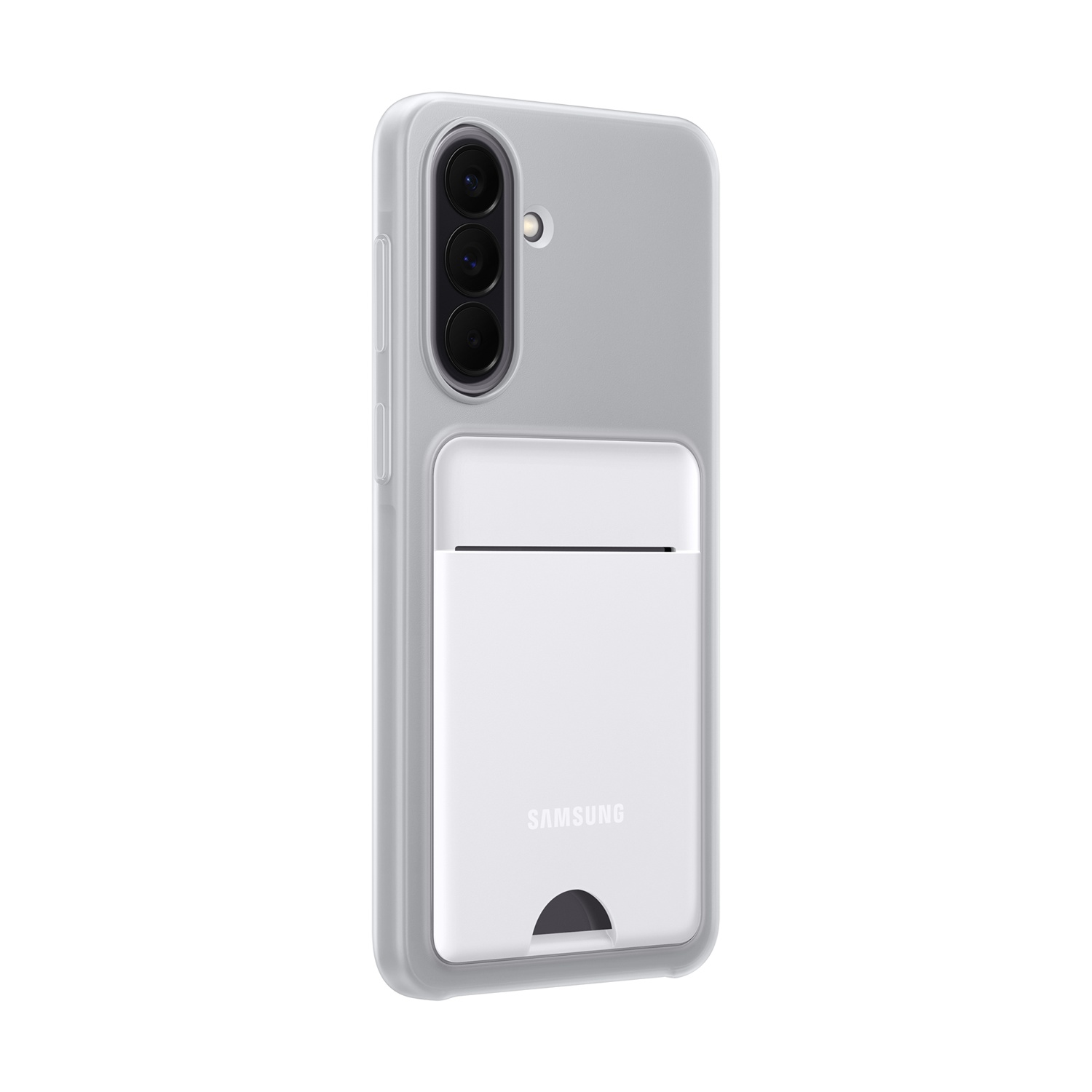 Custodia grigia per telefono con tre fotocamere e uno slot per carte bianco.