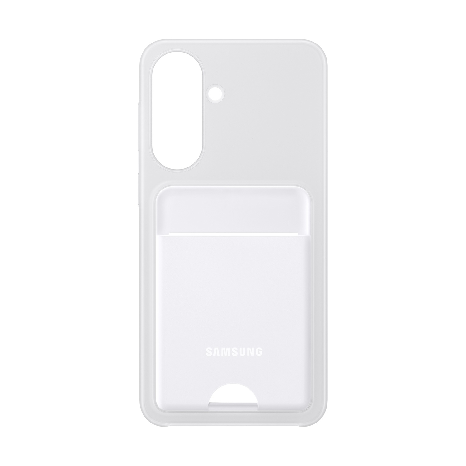 Custodia trasparente per telefono con slot per carte e logo Samsung.