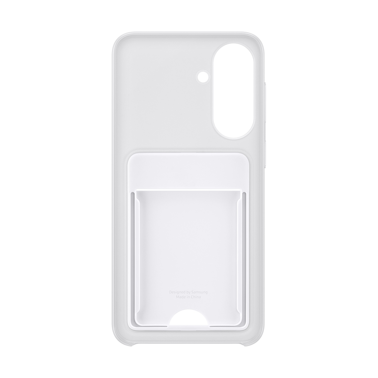Custodia bianca per telefono con slot per carte e ritaglio fotocamera.