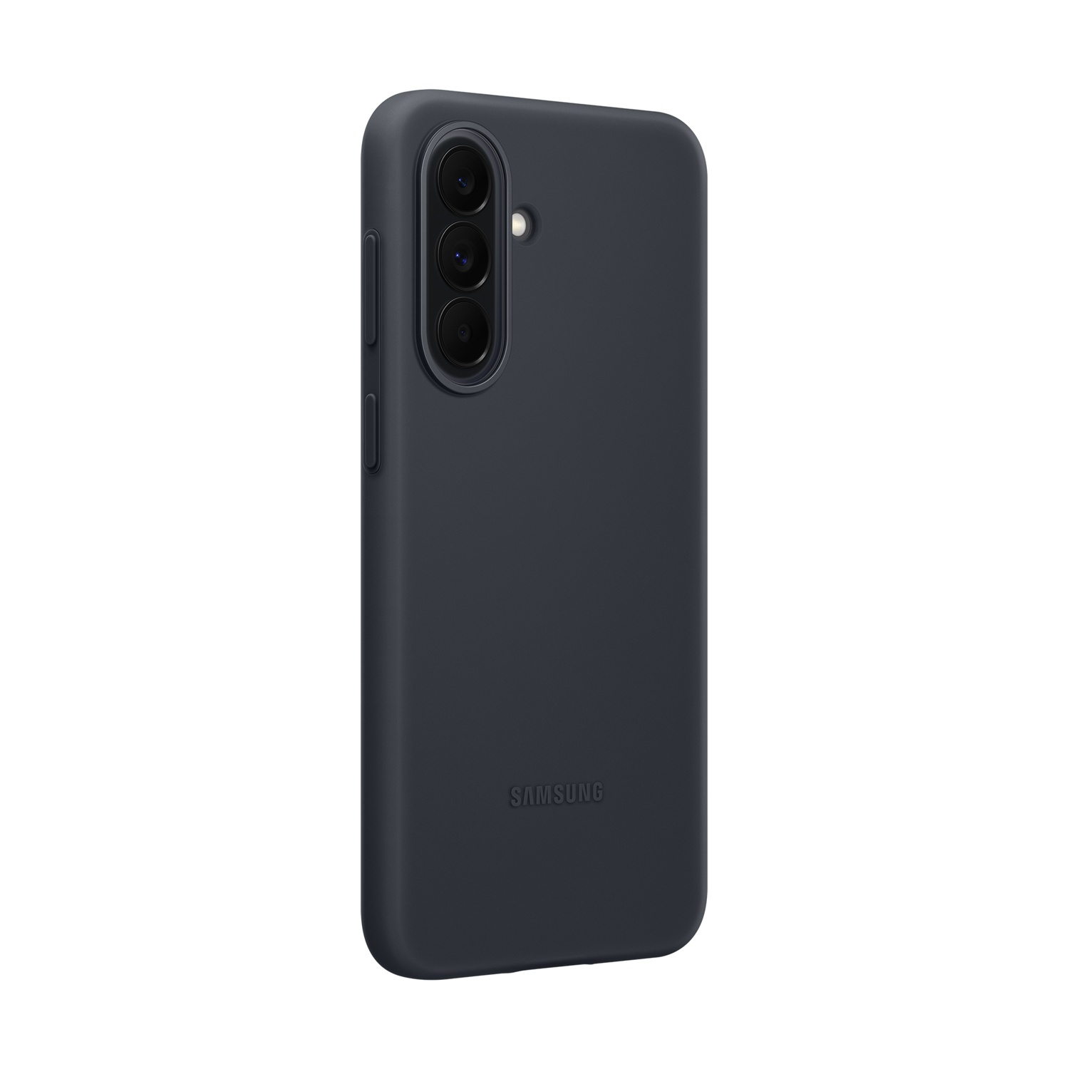 Custodia grigio scuro con tre obiettivi e logo Samsung.