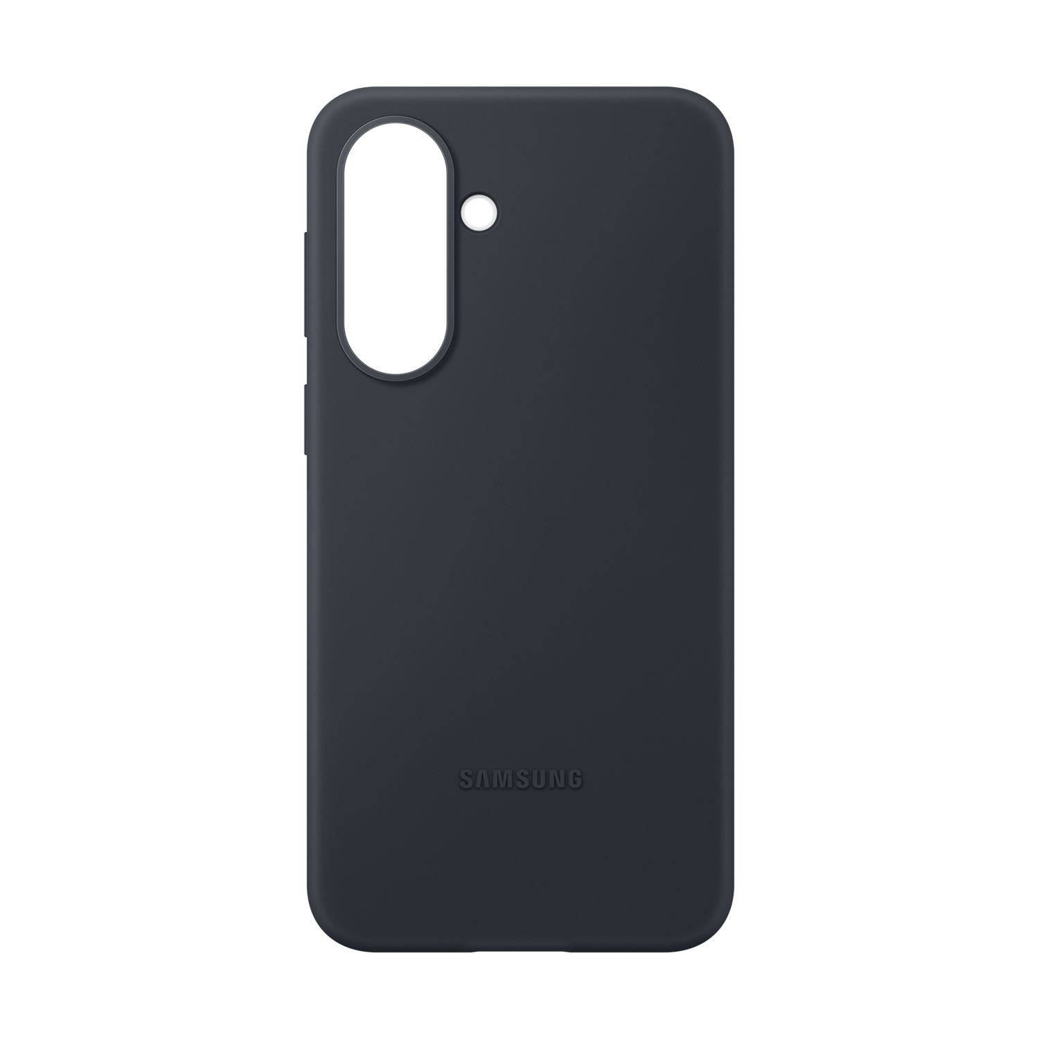 Custodia Samsung grigio scuro con ritaglio fotocamera e logo.