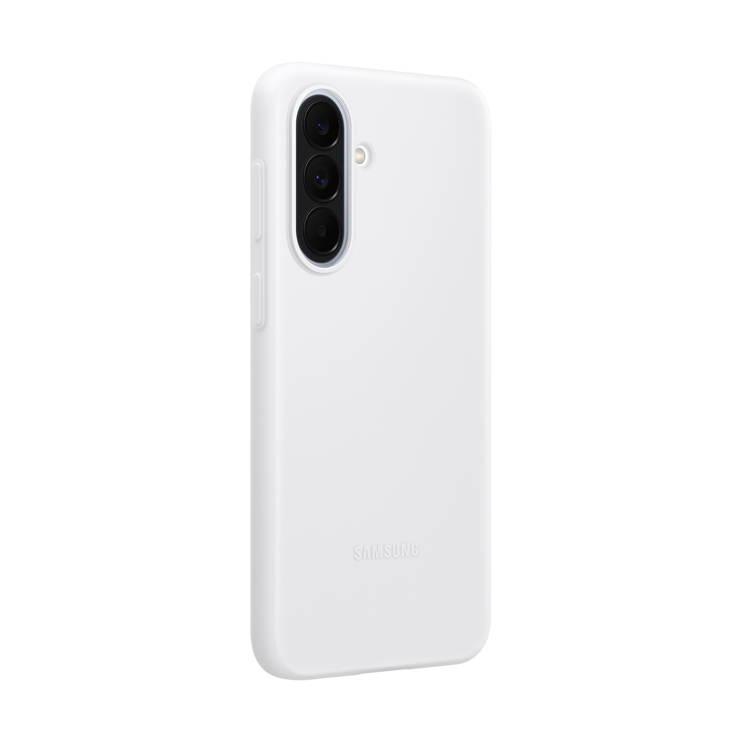 Custodia bianca per telefono con tre fotocamere e logo Samsung.