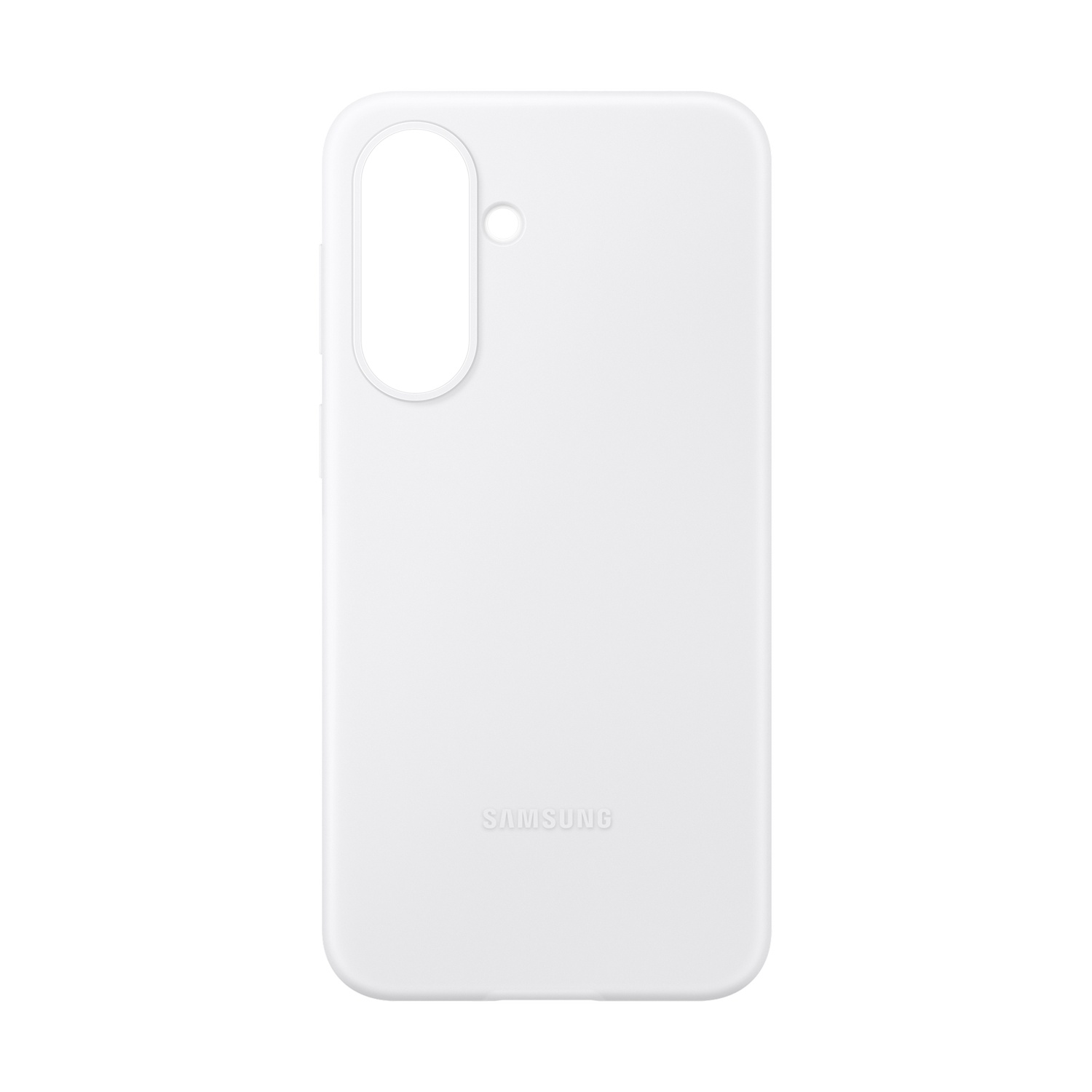 Una custodia bianca per telefono con ritaglio fotocamera e logo Samsung.