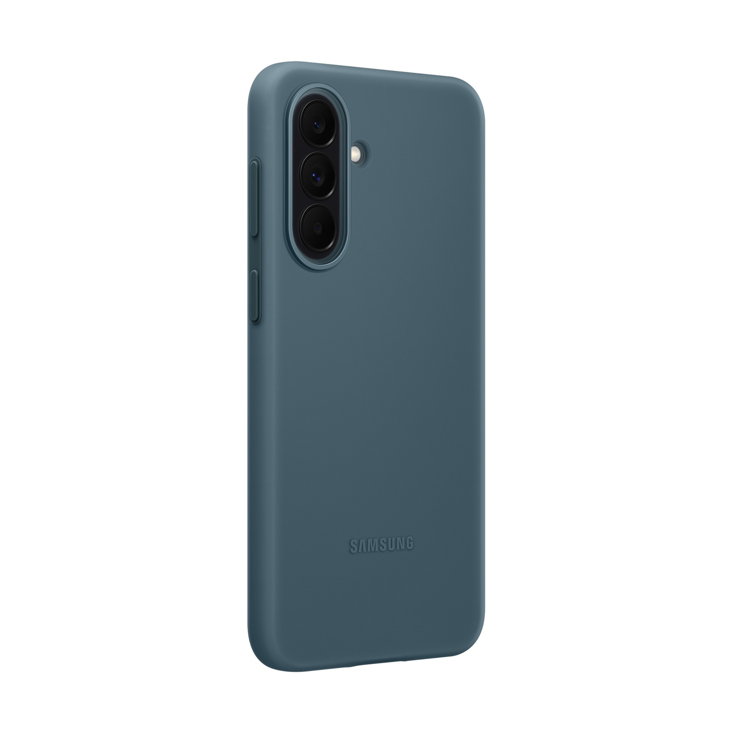 Custodia blu per telefono con tre obiettivi e logo Samsung.
