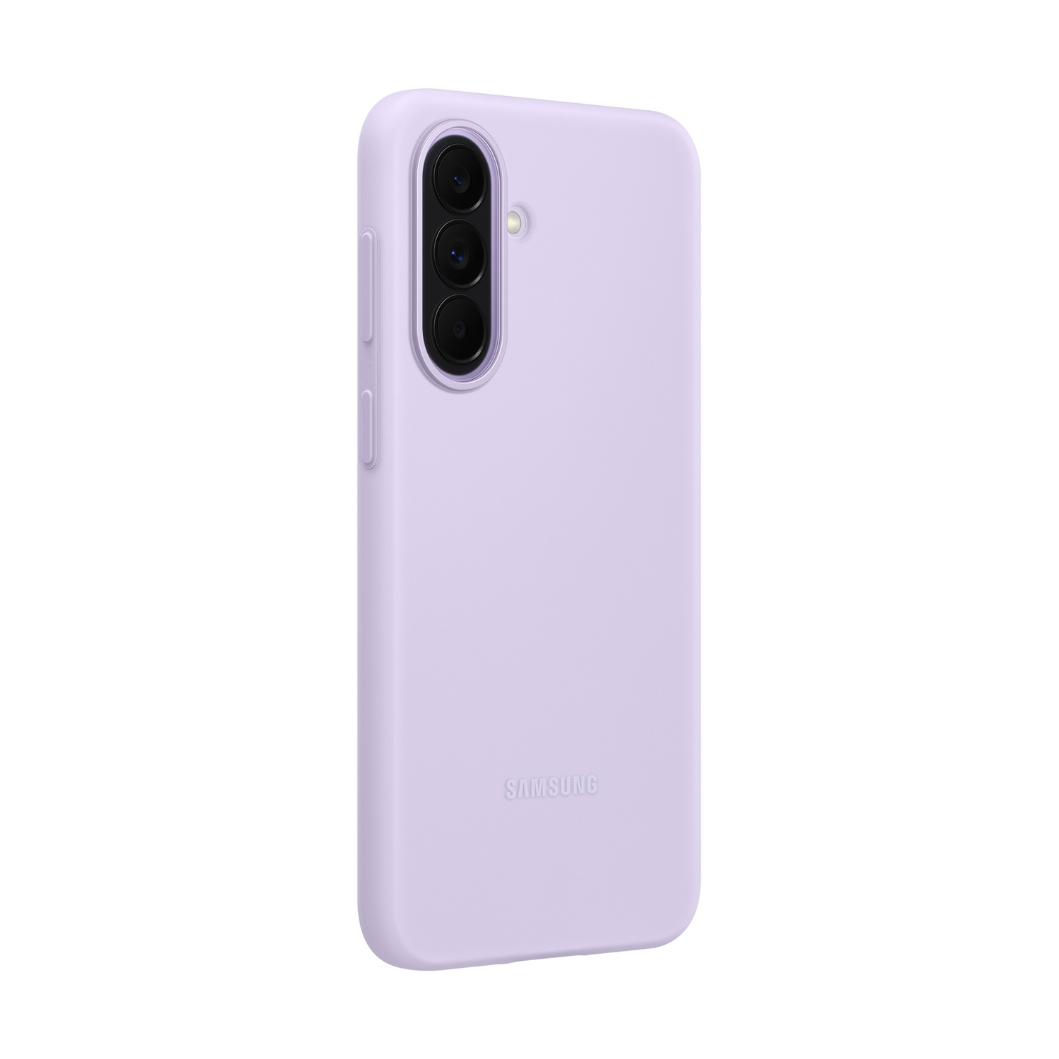 Una cover viola Samsung con ritaglio fotocamera e logo.