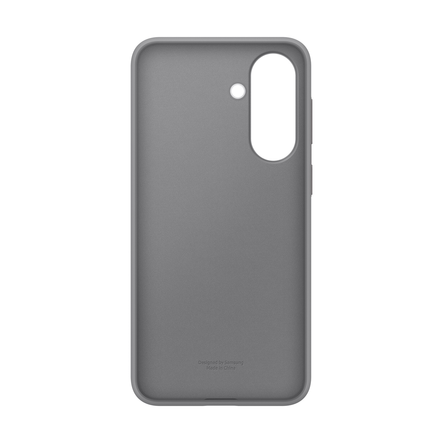 Custodia grigia per telefono con ritagli per fotocamera e pulsanti.