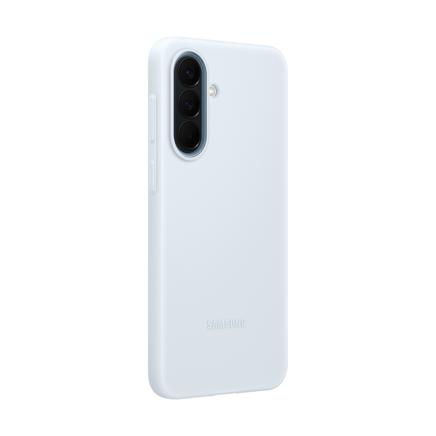 Custodia azzurra con tre obiettivi per fotocamera e logo Samsung.