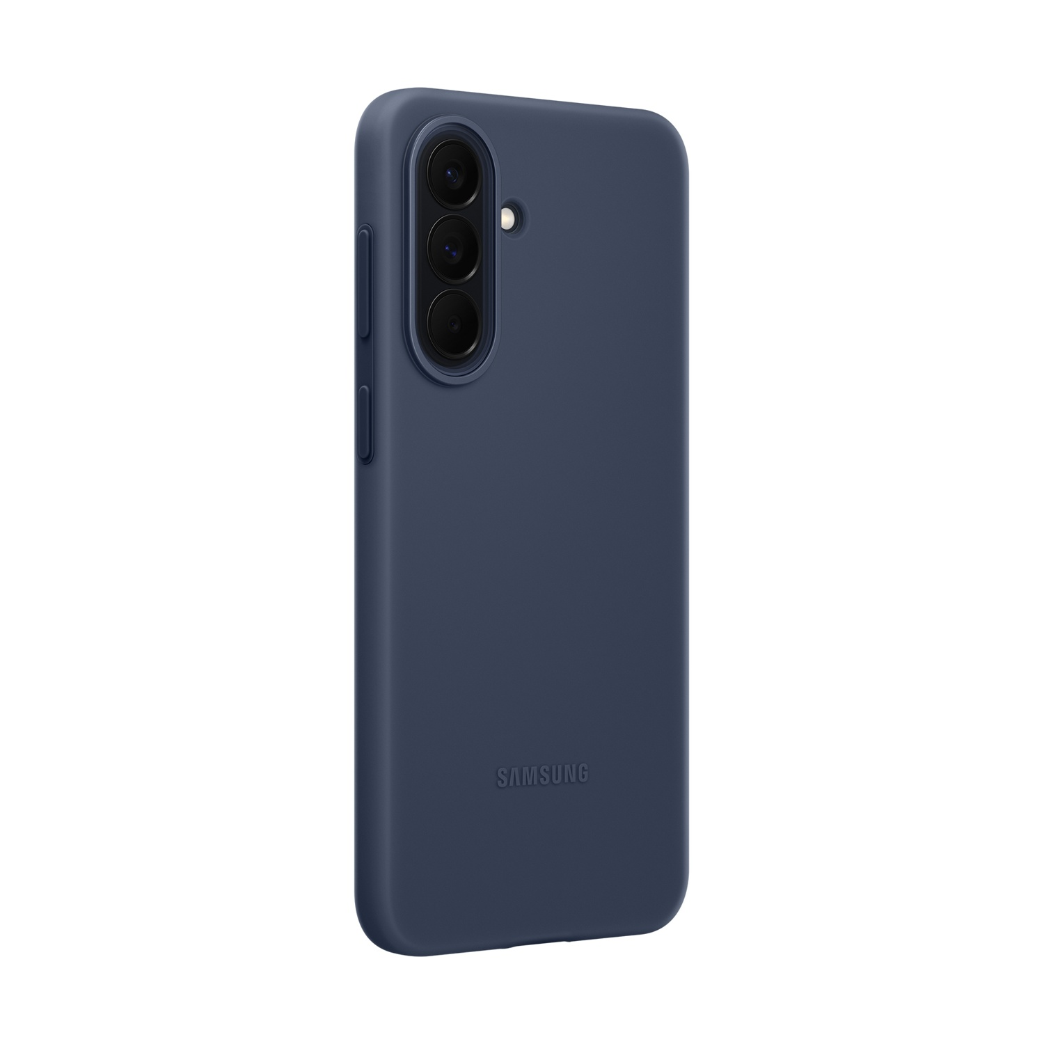 Custodia blu scuro per telefono con tre fotocamere e logo Samsung.