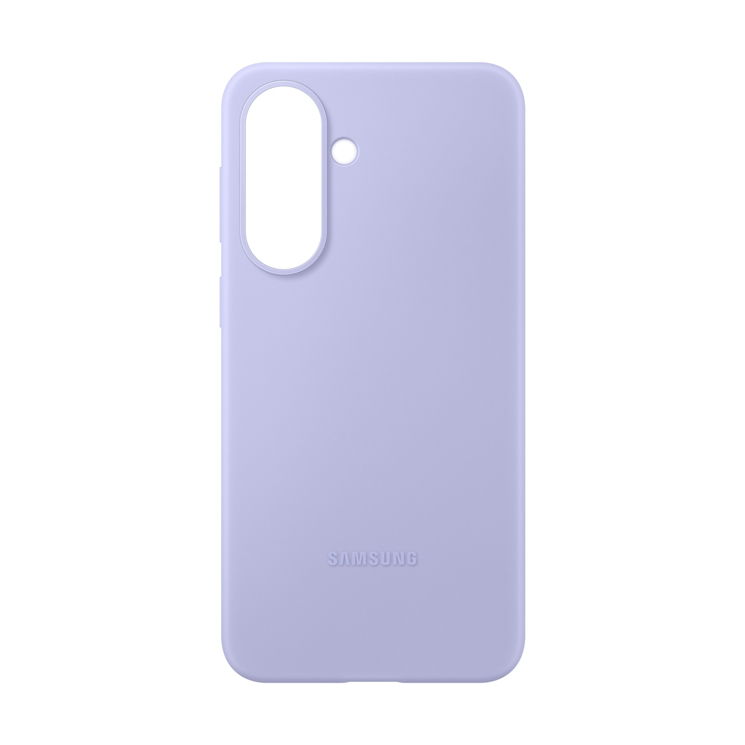Una cover viola lavanda per telefono con foro per fotocamera e logo Samsung.