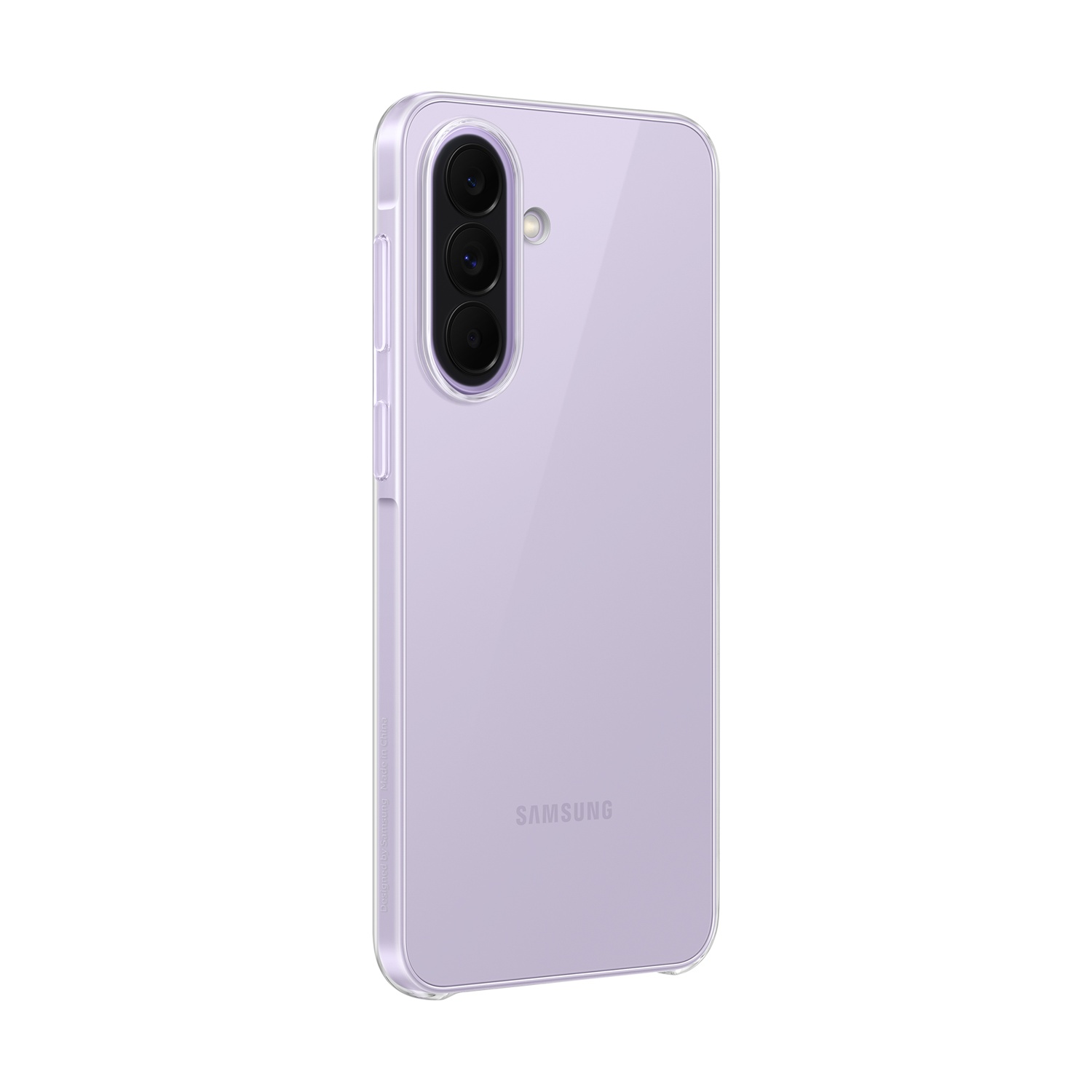 Telefono Samsung viola chiaro in custodia trasparente, con tre fotocamere posteriori.
