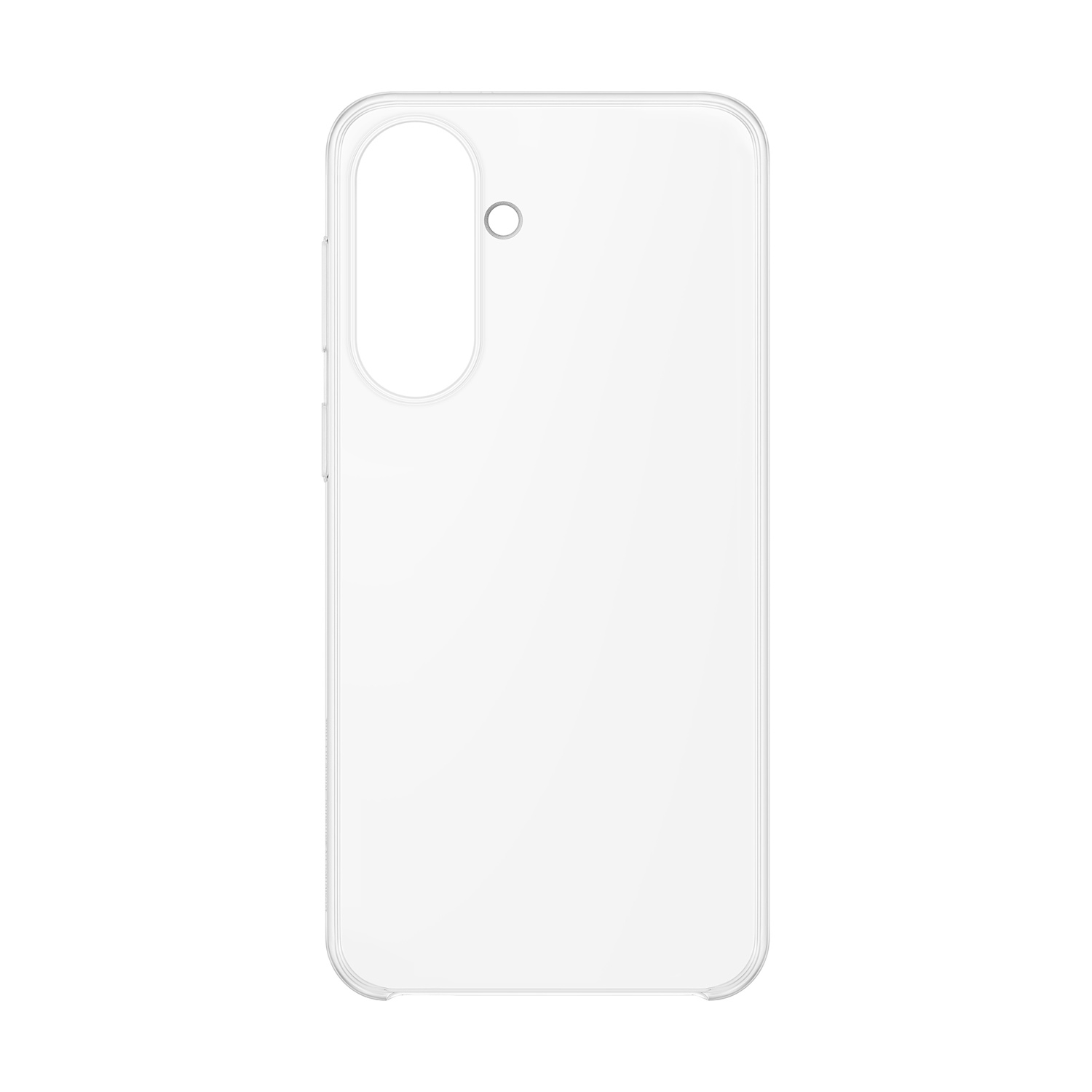 Custodia trasparente per telefono con ritagli per fotocamera e pulsanti.
